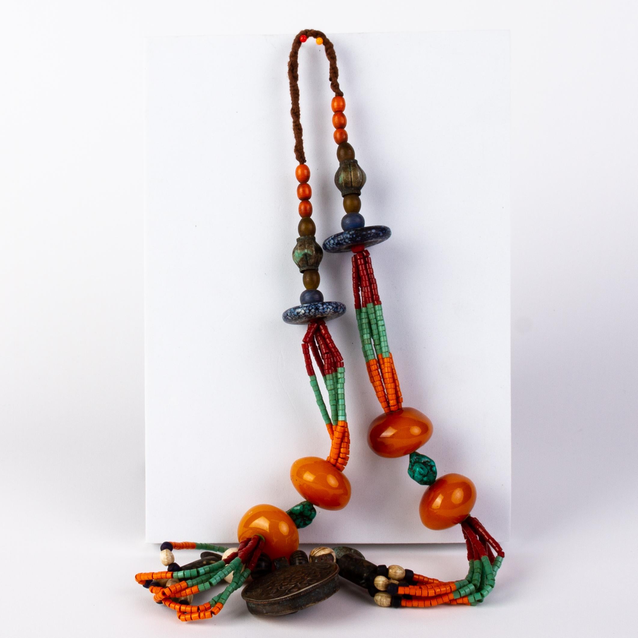 Chinese Tibetan Buddhist Amber, Lapis, Coral & Turquoise Necklace 19th Century  2