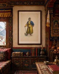 Chinese Tibetan Figure Costume Print, Hand-Colored Ethnographic Engraving, 1854