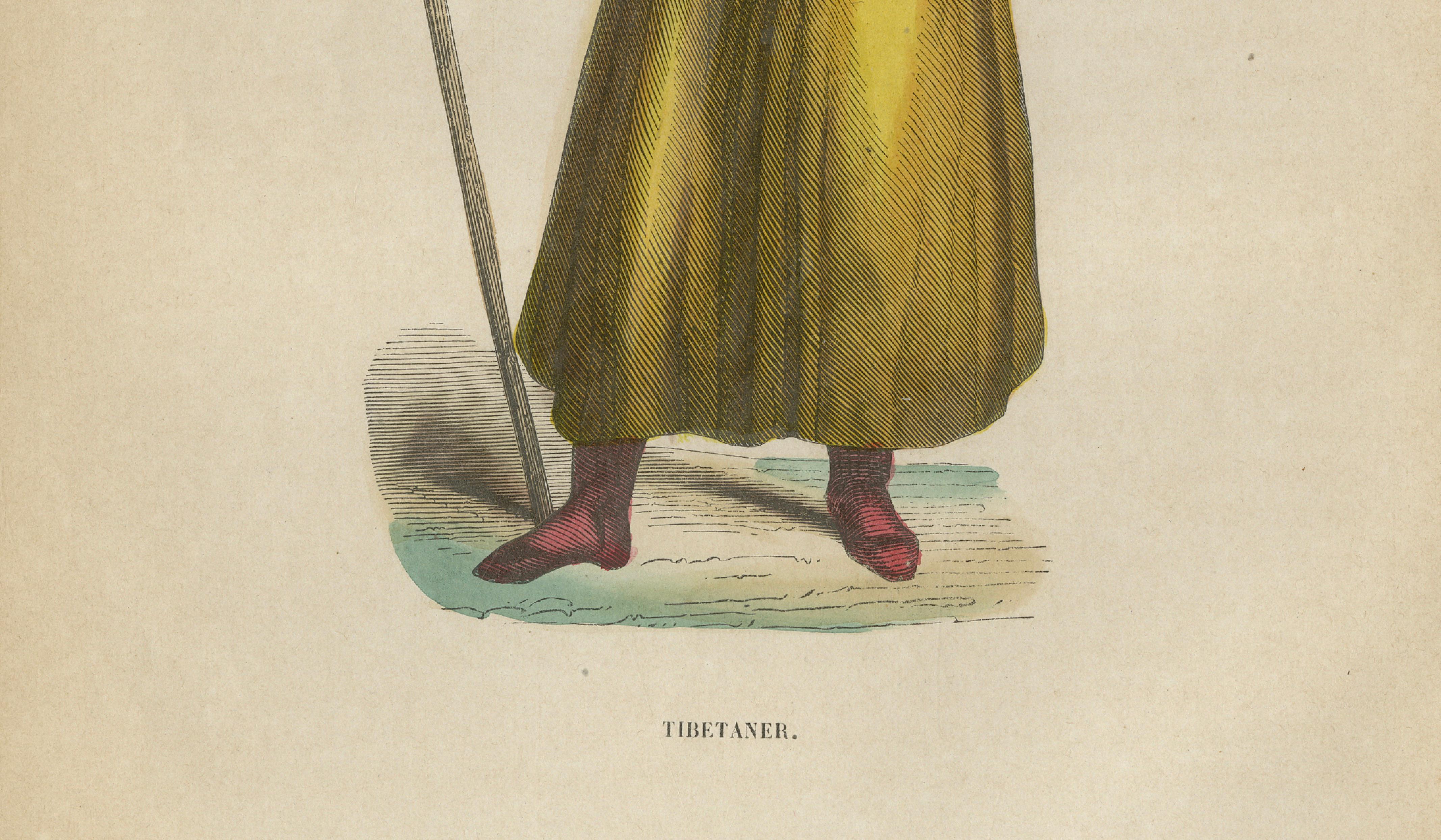 Chinese Tibetan Figure Costume Print, Hand-Colored Ethnographic Engraving, 1854