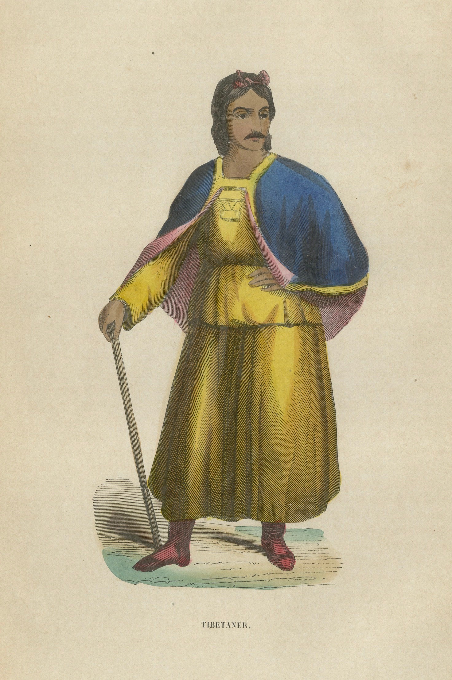 Chinese Tibetan Figure Costume Print, Hand-Colored Ethnographic Engraving, 1854