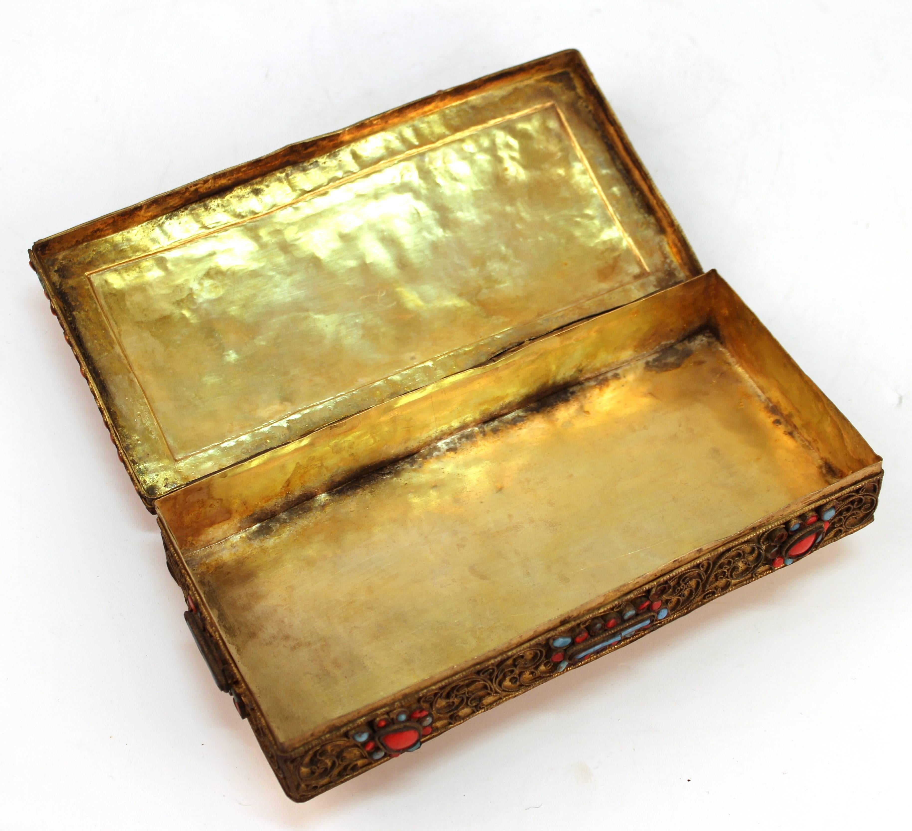 Chinese-Tibetan Filigree Brass Box with Turquoise and Coral In Good Condition In New York, NY