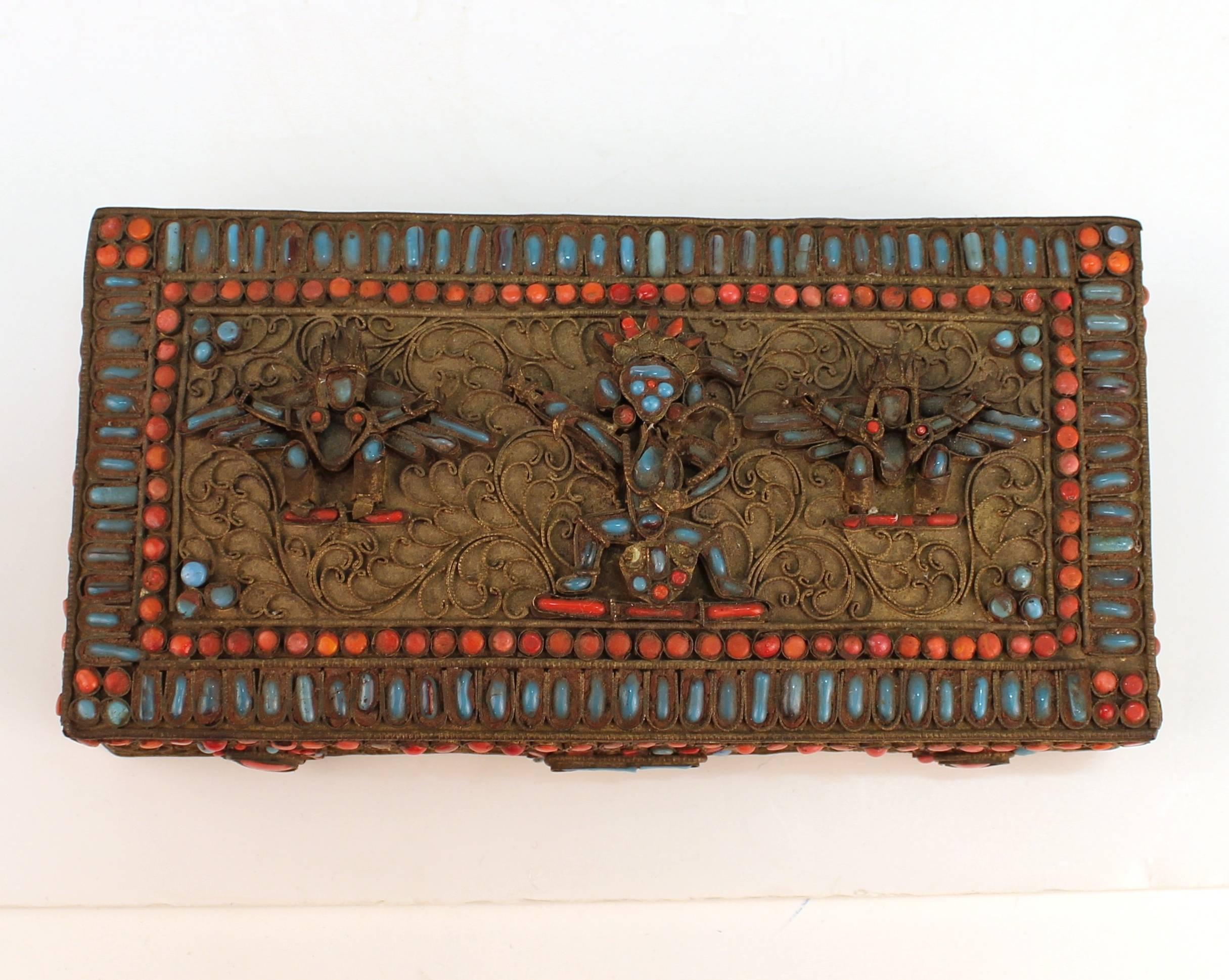 20th Century Chinese-Tibetan Filigree Brass Box with Turquoise and Coral
