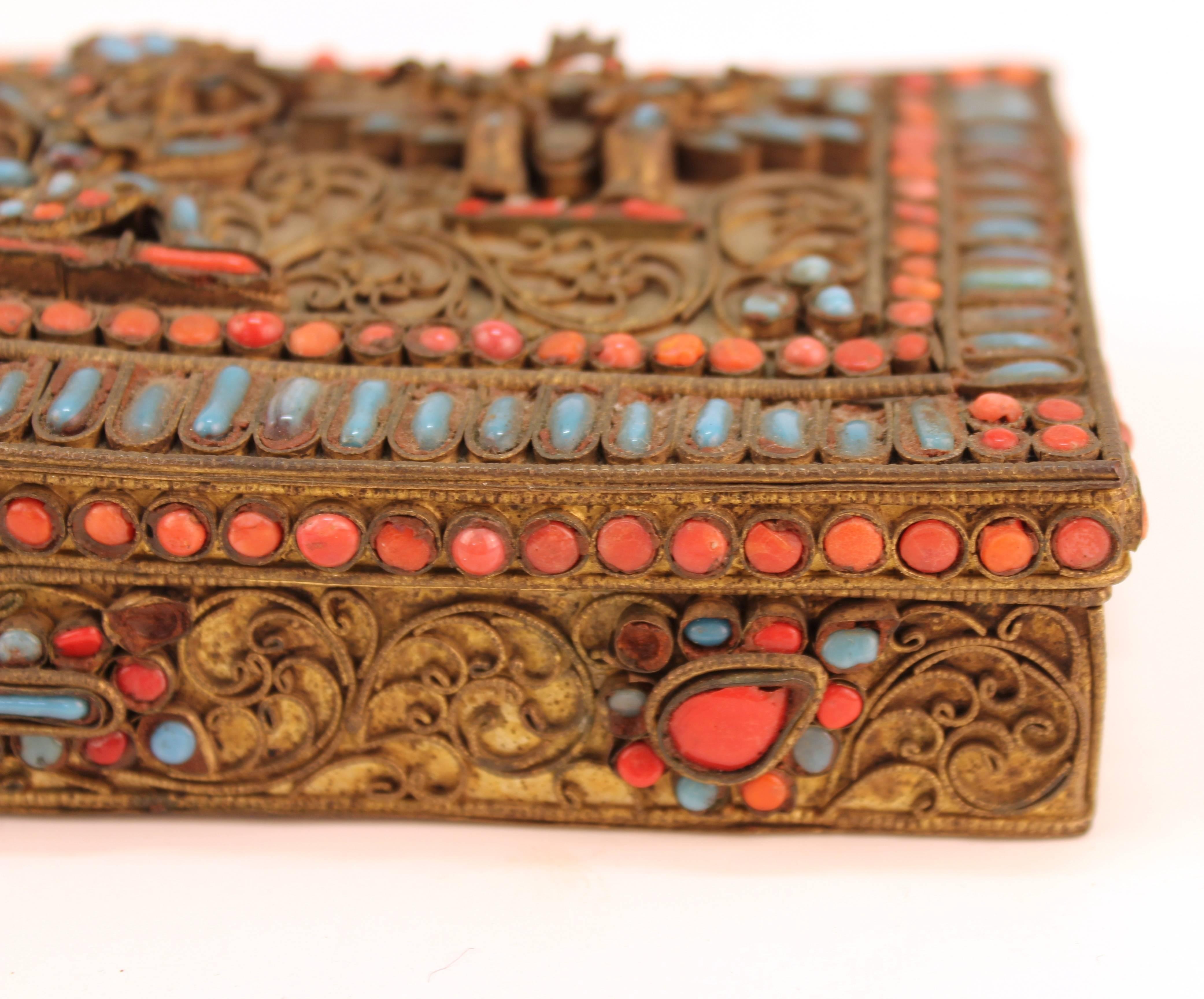 Chinese-Tibetan Filigree Brass Box with Turquoise and Coral 1
