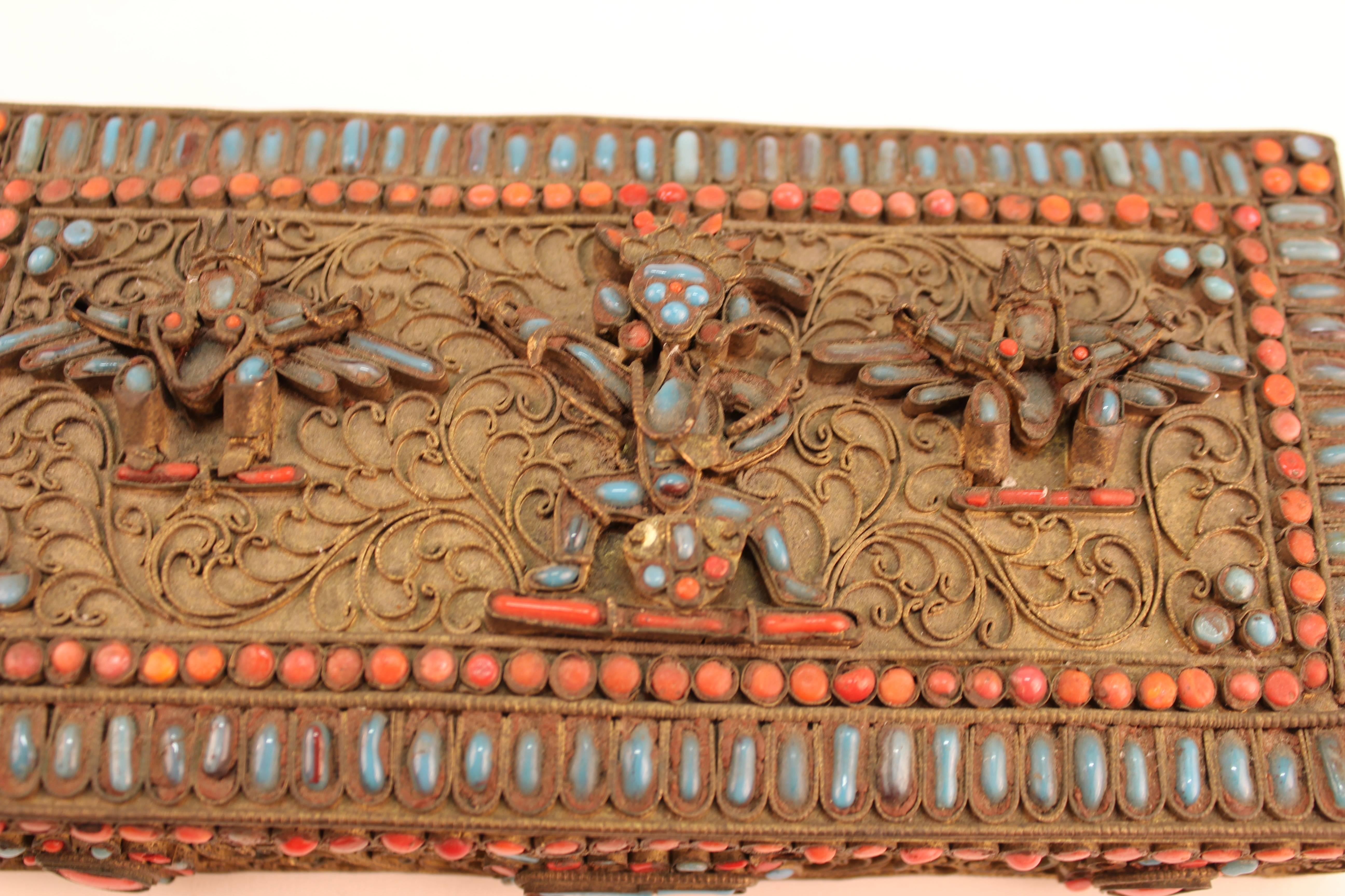Chinese-Tibetan Filigree Brass Box with Turquoise and Coral 3