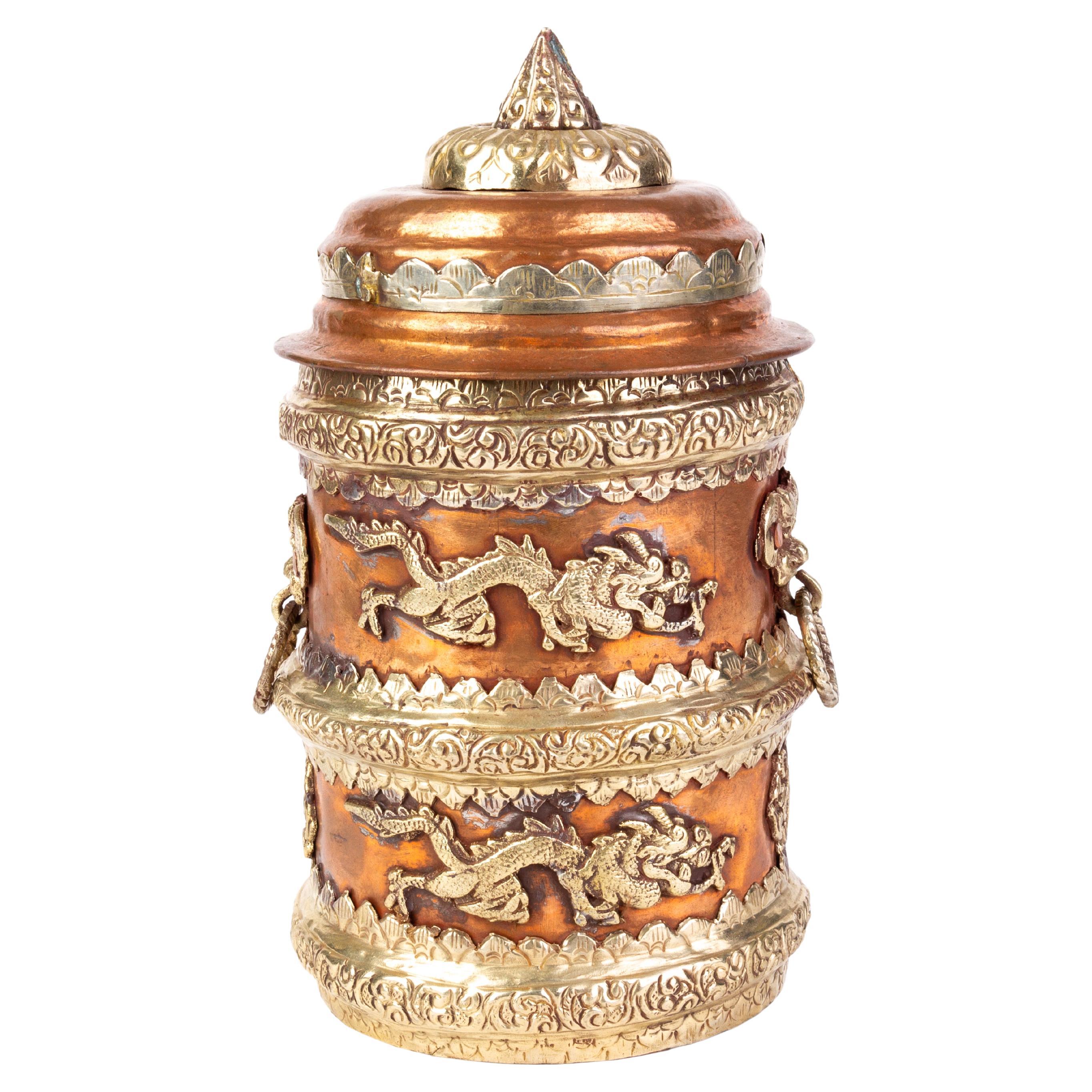 Chinese Tibetan Gilded Copper & Brass Dragon Container 19th Century  For Sale