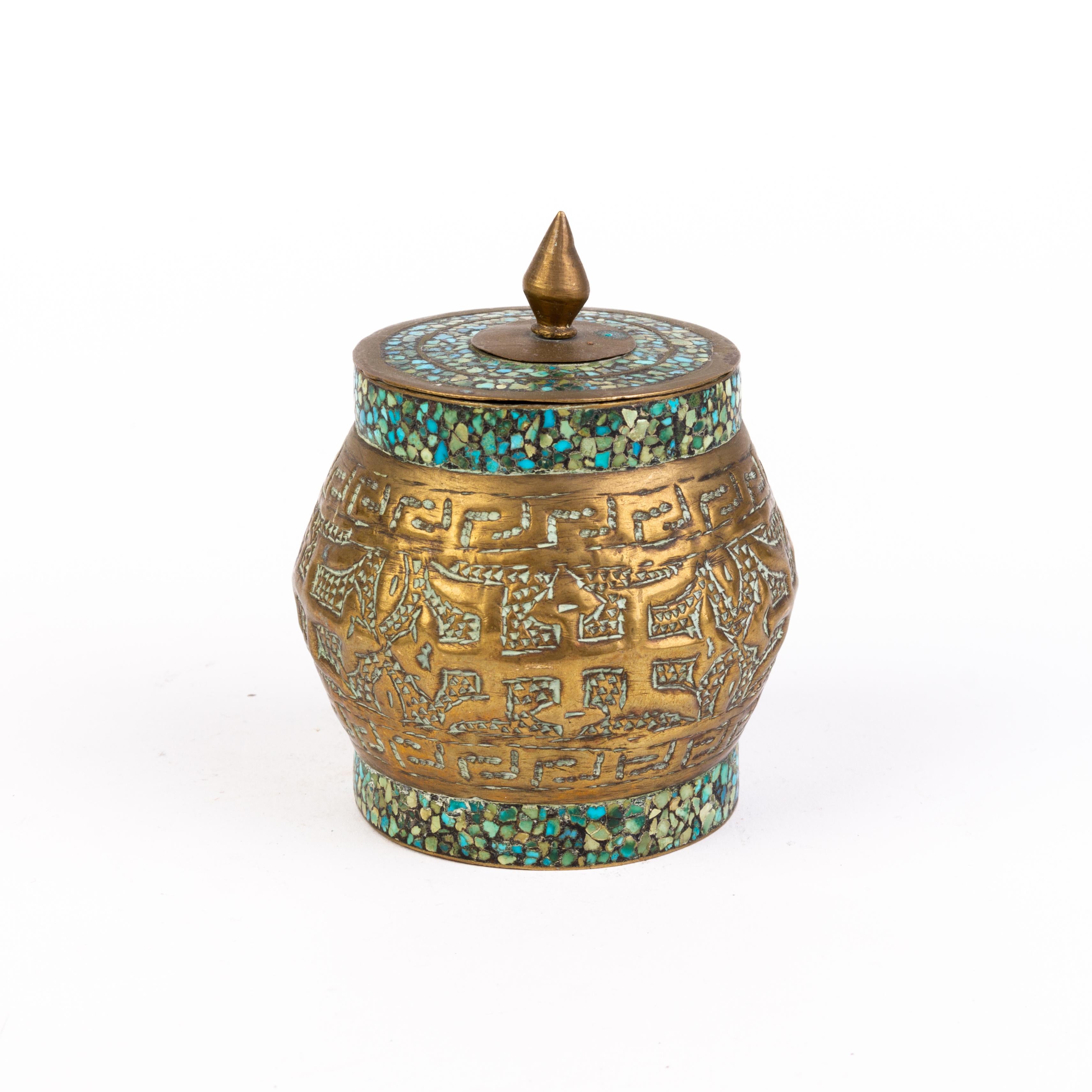 Chinese Tibetan Inlaid Turquoise Mosaic Brass Lidded Jar 19th Century 
Good condition overall
From a private collection.
Free international shipping.