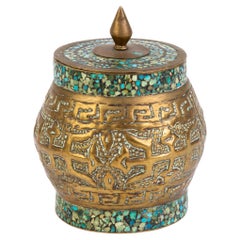 Antique Chinese Tibetan Inlaid Turquoise Mosaic Brass Lidded Jar 19th Century 
