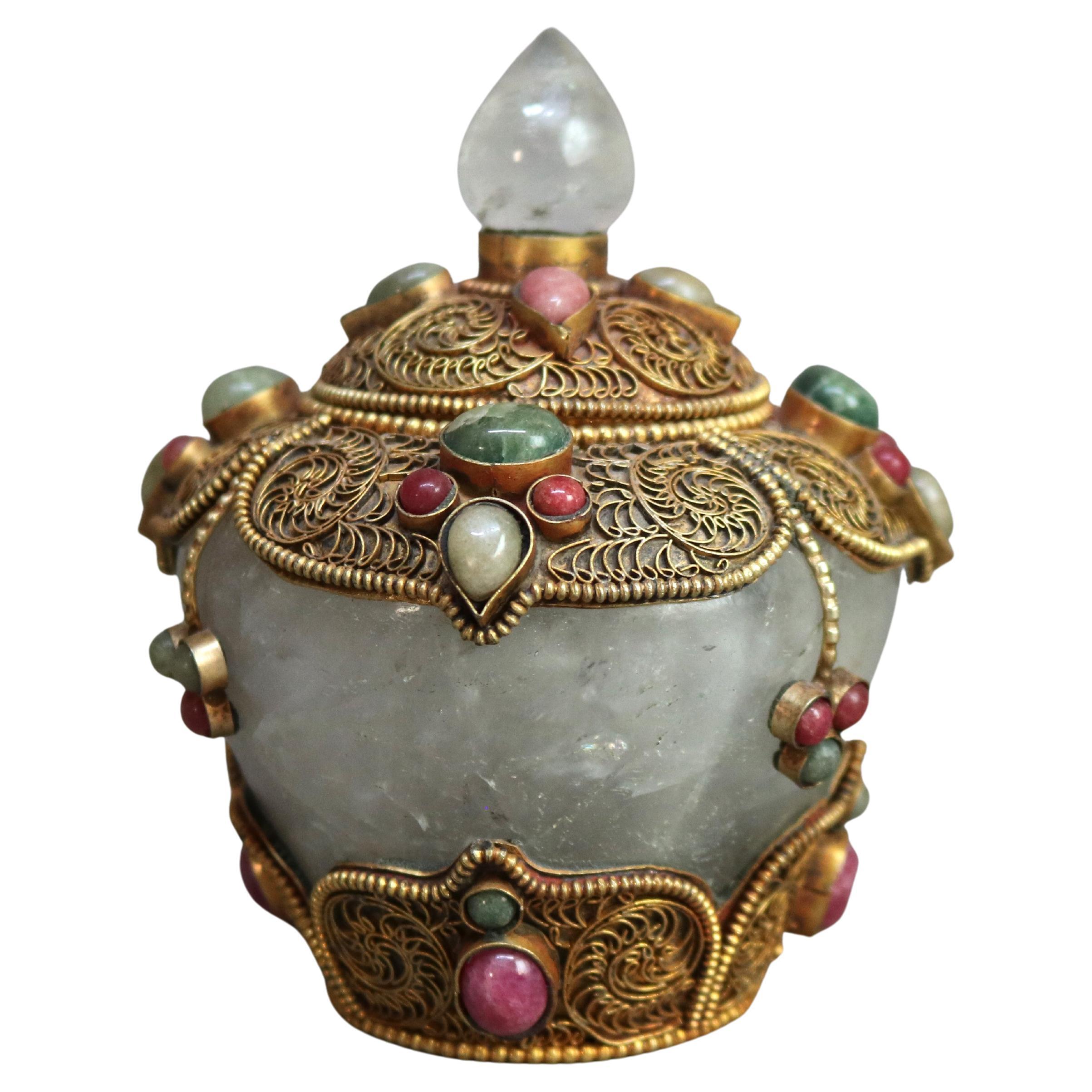 Chinese Tibetan Quartz Temple Jar with Semiprecious Cabochon Stone 20thC