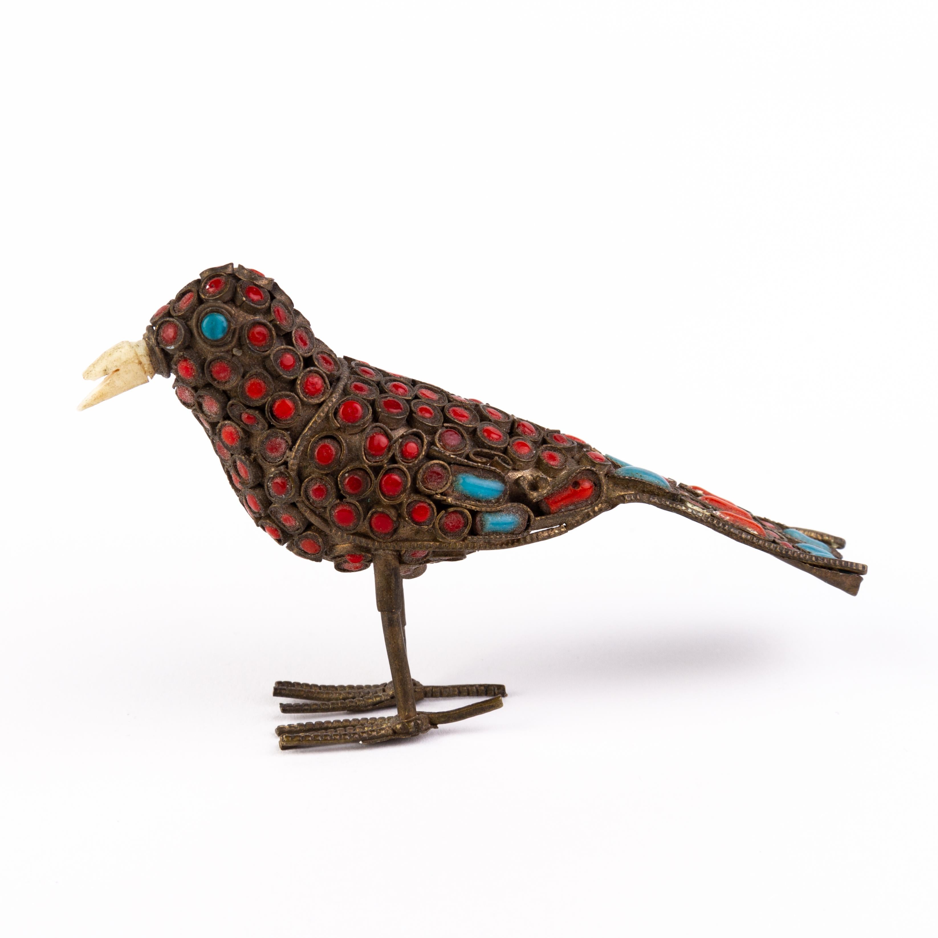 Metal Chinese Tibetan Turquoise & Coral Bird Sculpture 19th Century For Sale