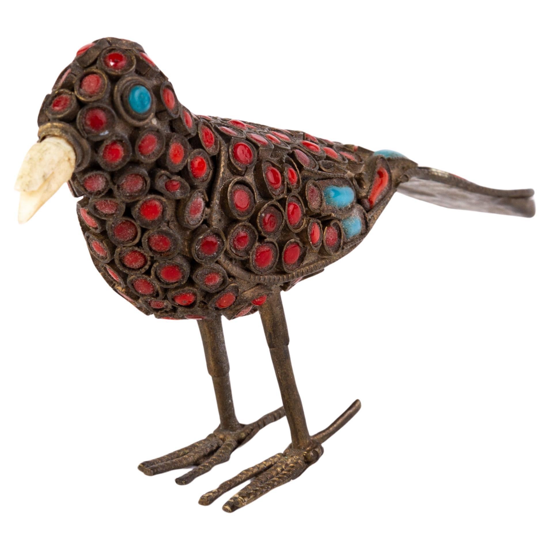 Chinese Tibetan Turquoise & Coral Bird Sculpture 19th Century For Sale