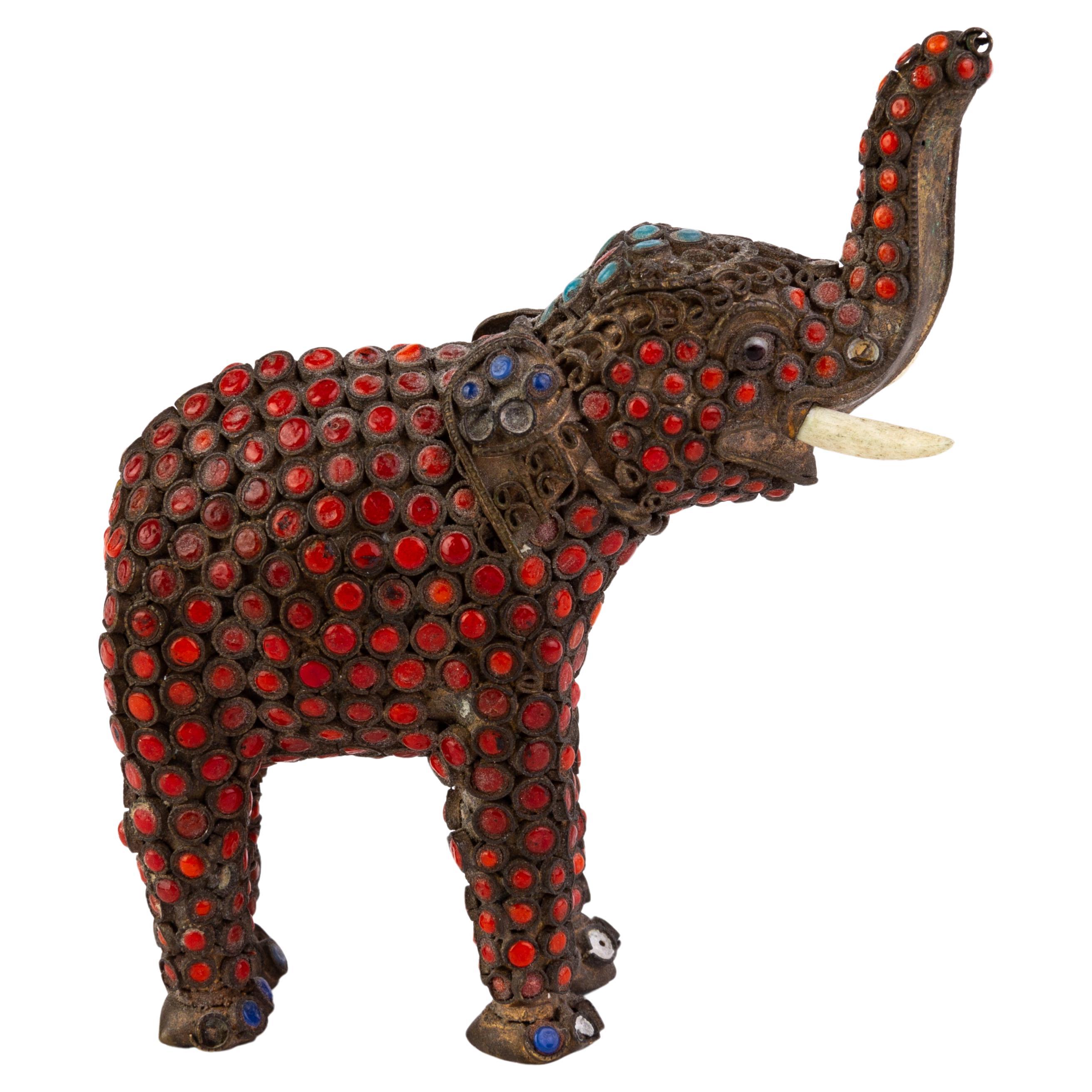 Chinese Tibetan Turquoise & Coral Elephant Sculpture 19th Century For Sale