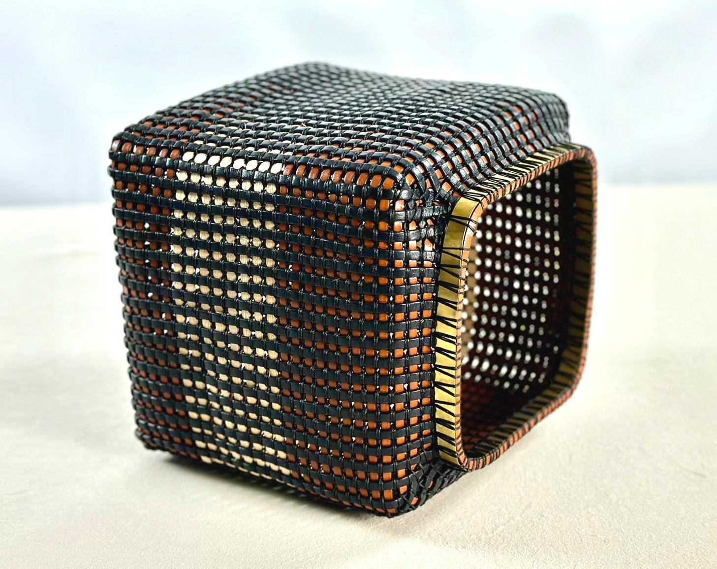 Spanish Chinese Tibor Inspired Leather & Cane Handmade Basket Black, Tan & Ivory Color For Sale