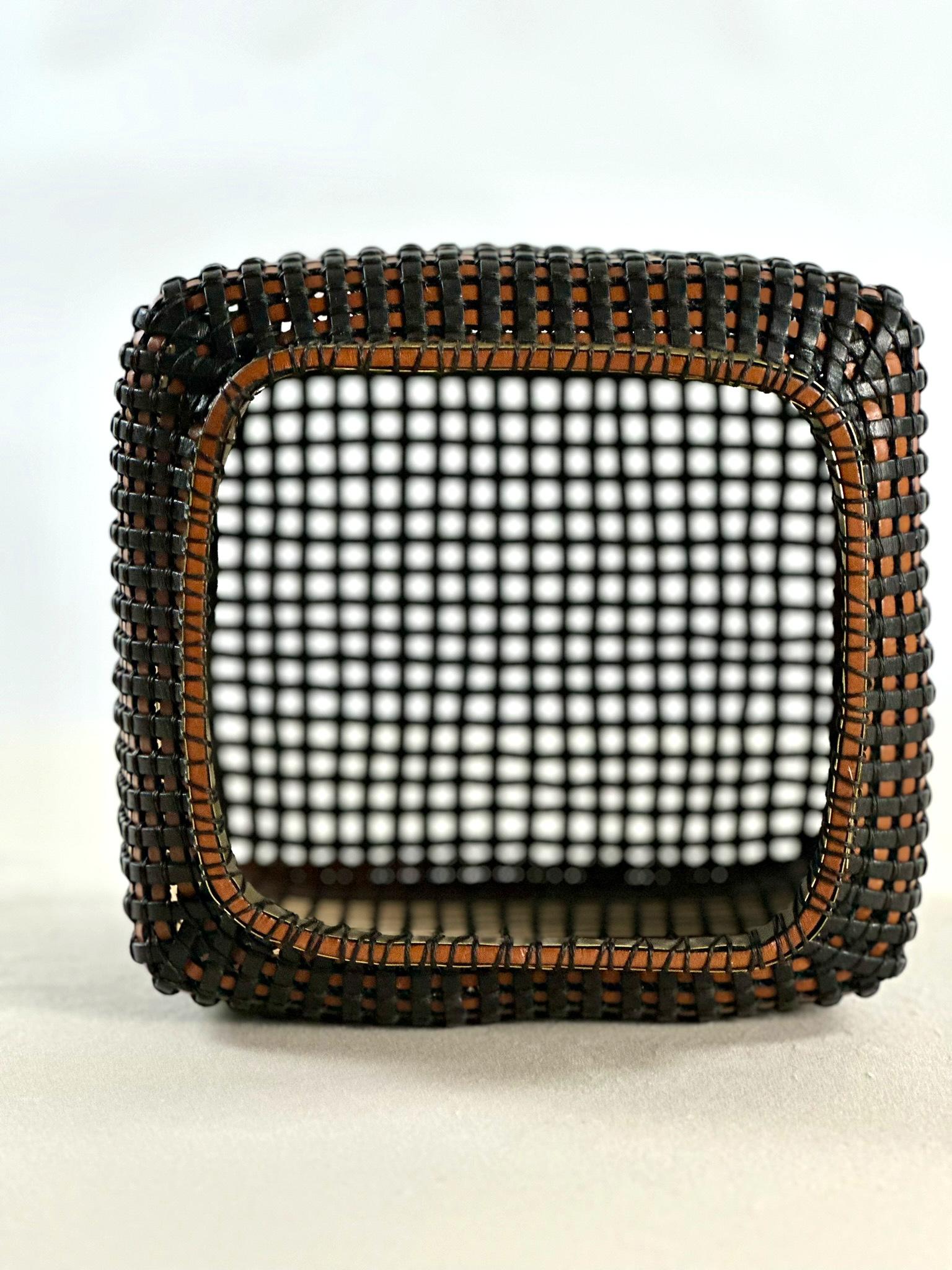 Hand-Woven Chinese Tibor Inspired Leather & Cane Handmade Basket Black, Tan & Ivory Color For Sale