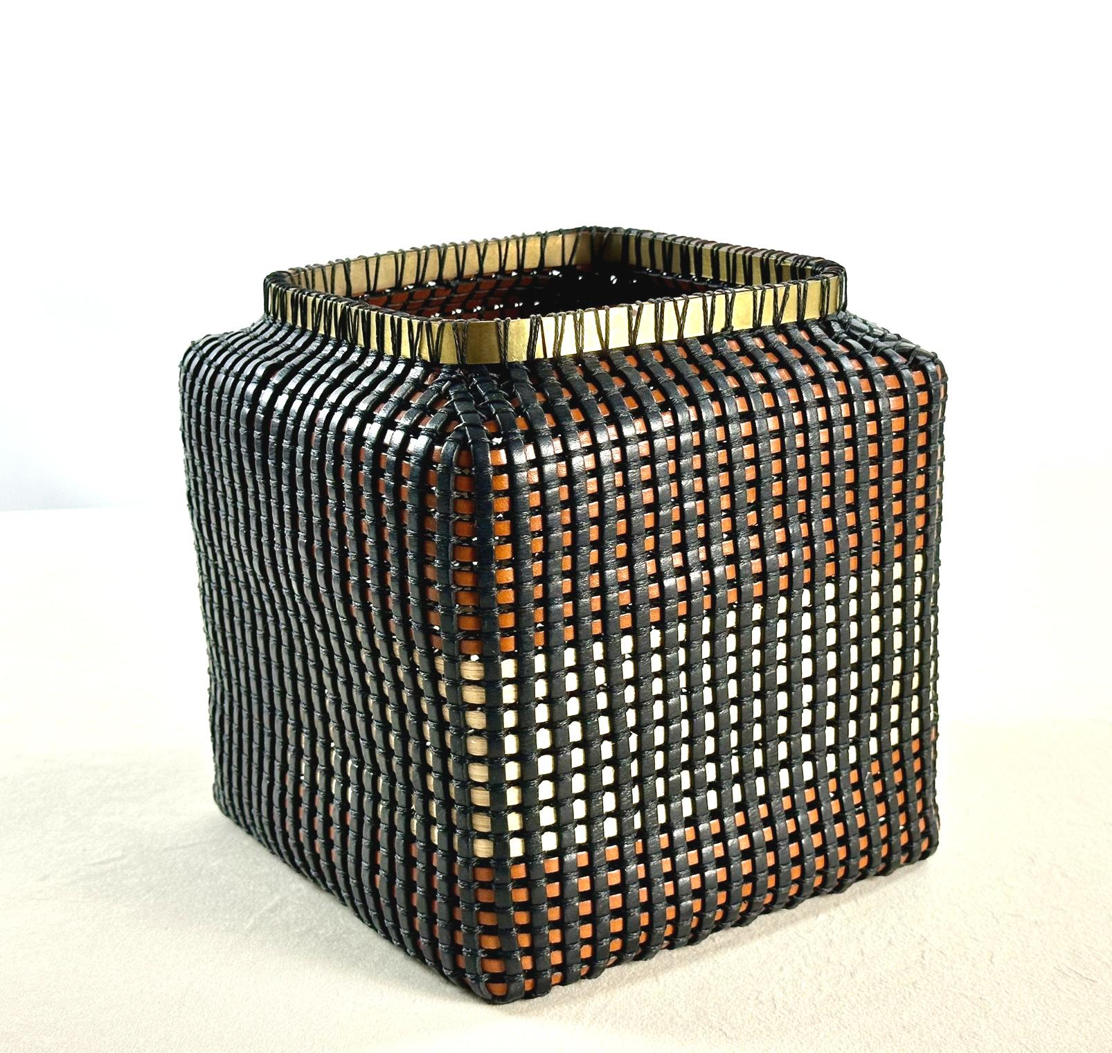 Contemporary Chinese Tibor Inspired Leather & Cane Handmade Basket Black, Tan & Ivory Color For Sale