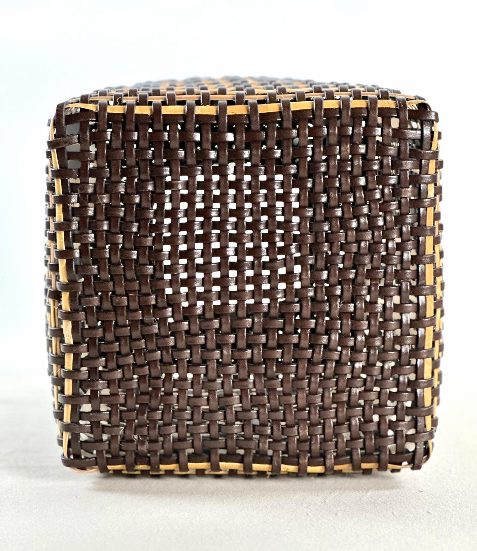 Hand-Woven Chinese Tibor Inspired Leather & Cane Handmade Basket Dark Brown Off White Color For Sale