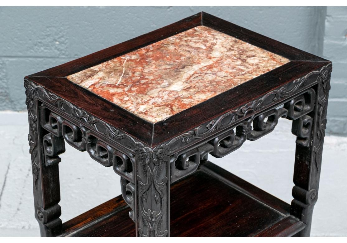 Hand-Carved Chinese Tiered Stand with Inset Rose Marble Top For Sale
