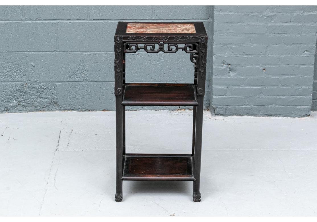 Wood Chinese Tiered Stand with Inset Rose Marble Top For Sale