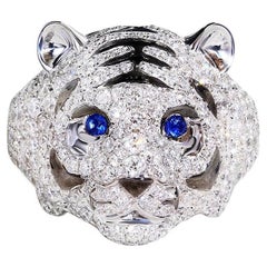 Chinese Tiger Blue Sapphira Diamond Ring 18 Karat Gold, White or Yellow