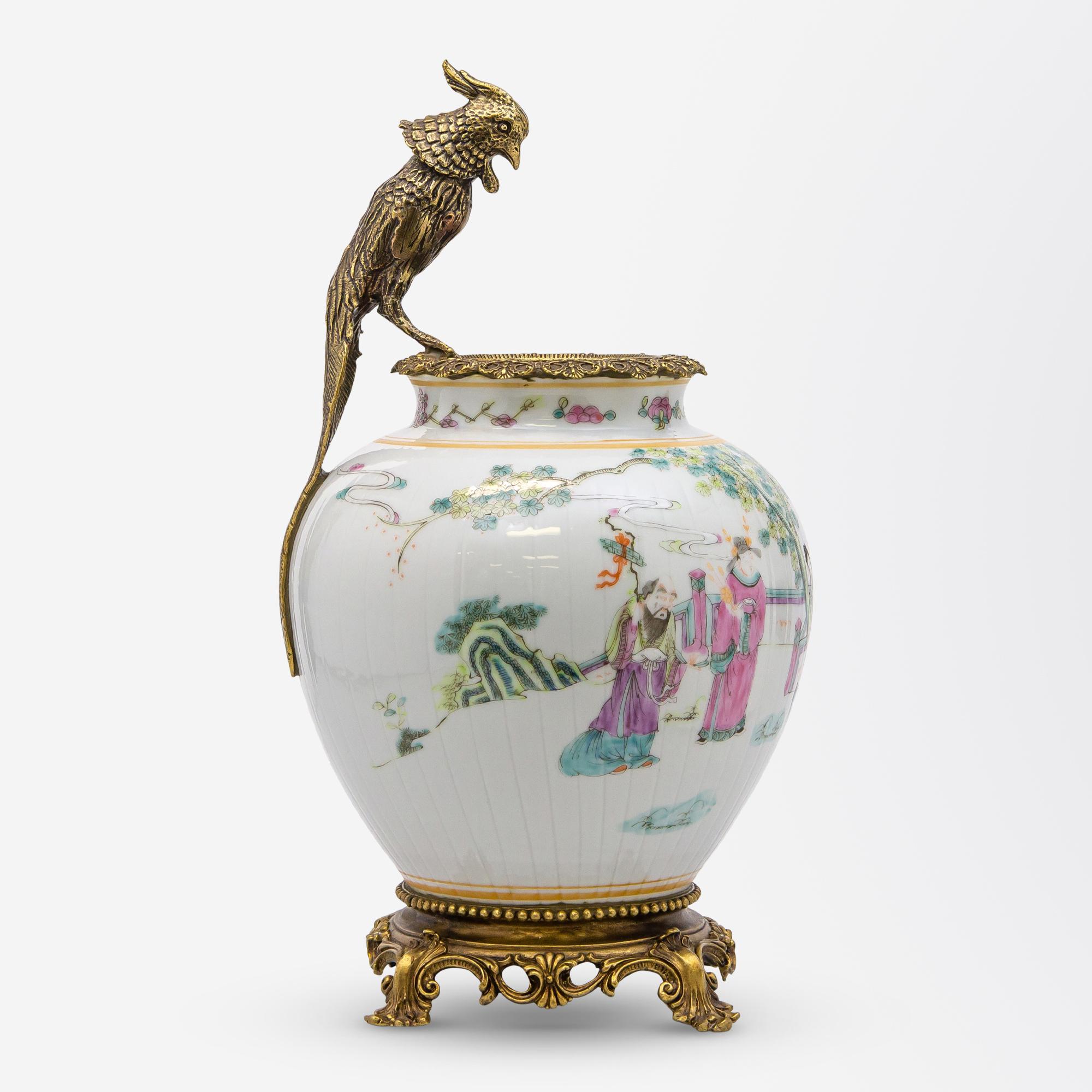 This exquisite polychrome Chinese vase has been mounted with bronze mounts and has previously been in two private collections. The vase dates to the reign of Chinese Emperor Tongzhi (1856-1875) who was a part of the lengthy Qing Dynasty and had a