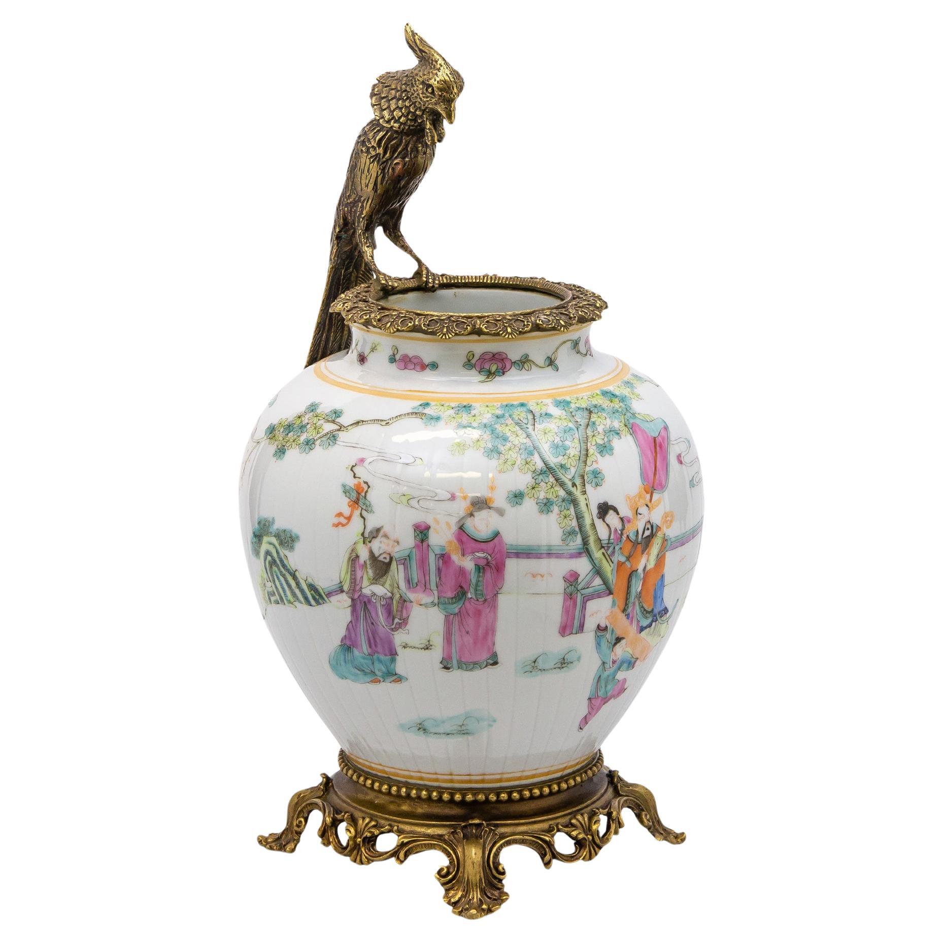 Chinese Tongzhi Porcelain Vase Decorated in Polychrome Enamels with Bronze Mount For Sale