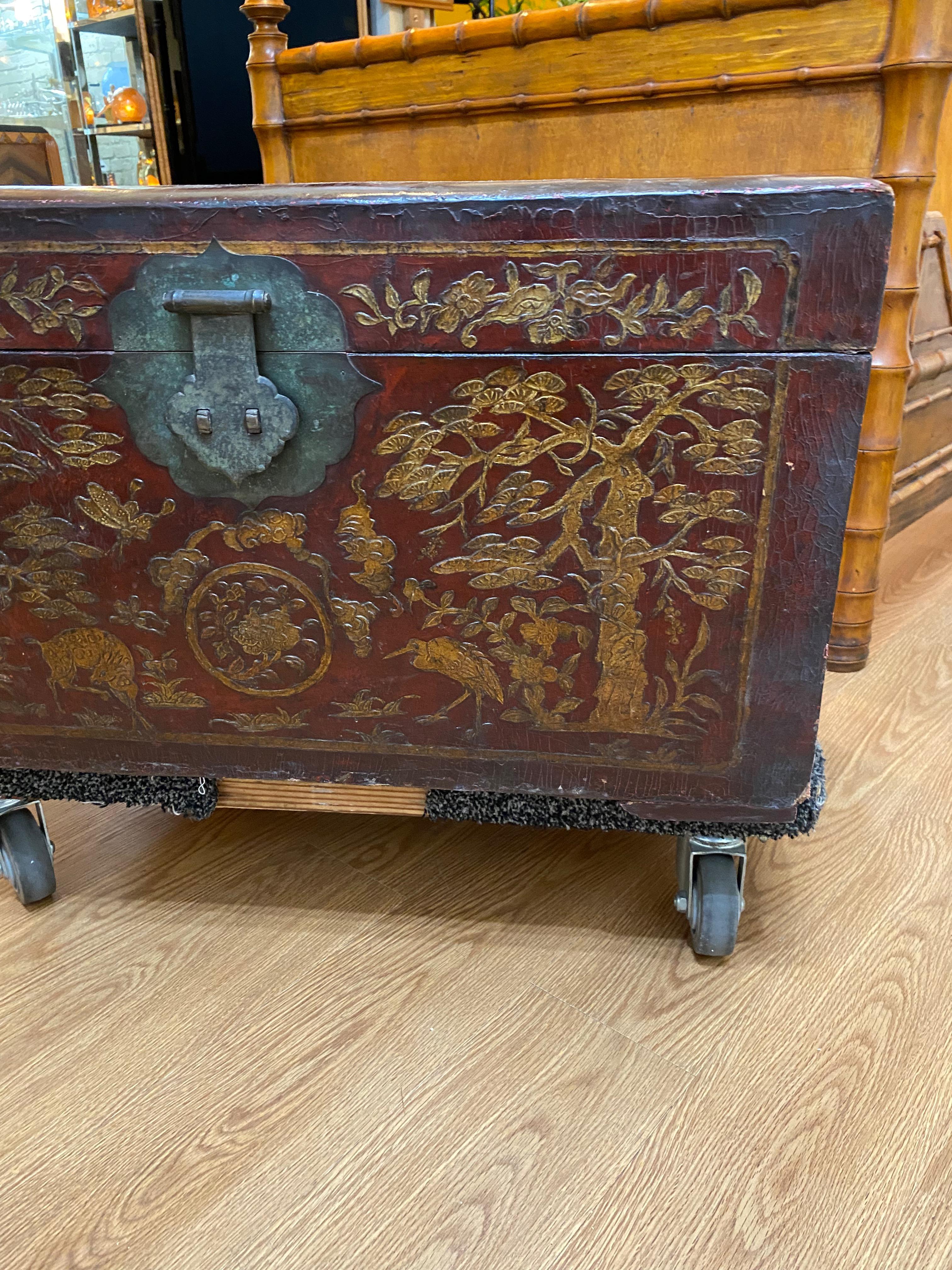 Chinese Tooled Leather Trunk, 19th Century In Good Condition In Pasadena, CA