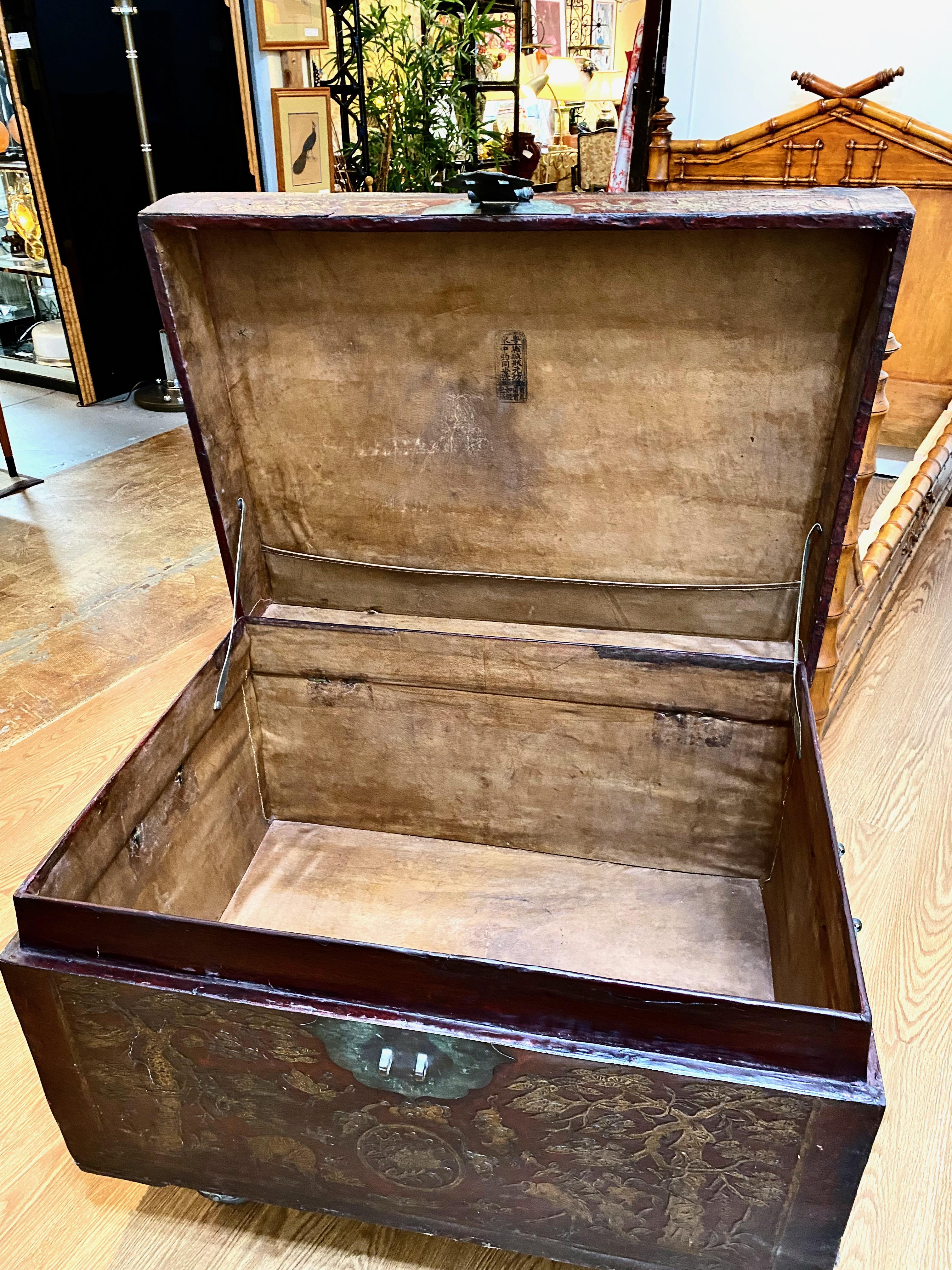 Brass Chinese Tooled Leather Trunk, 19th Century