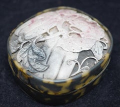 Chinese Tortoise Shell Carved Box with Inset Jade Butterfly and Gourd Carving.