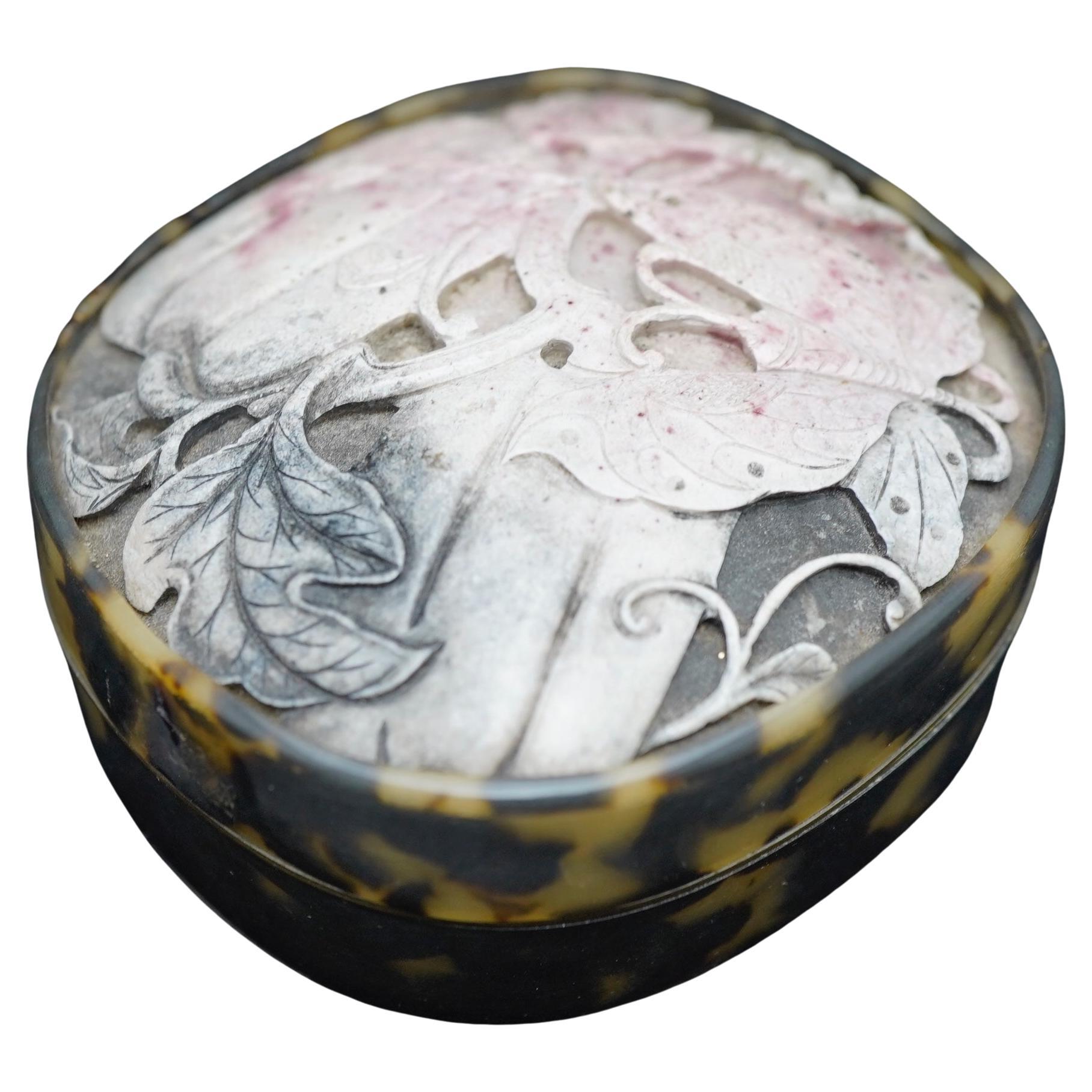 Chinese Tortoise Shell Carved Box with Inset Jade Butterfly and Gourd Carving. For Sale