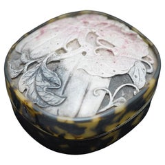 Chinese Tortoise Shell Carved Box with Inset Jade Butterfly and Gourd Carving.