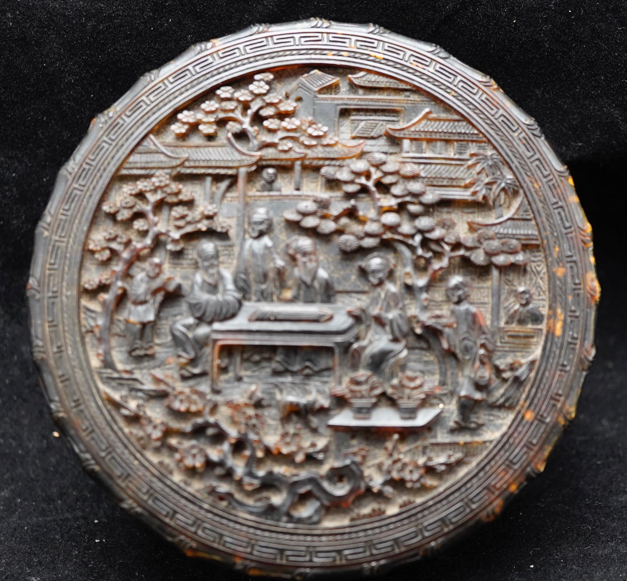 Chinese tortoise shell finely carved box, Canton circ 1840, The box is carved with court scenes on both top and bottom. Finely executed edge with greek key pattern and scenes.
THIS ITEM CAN ONLY BE SHIPPED WITHIN US.