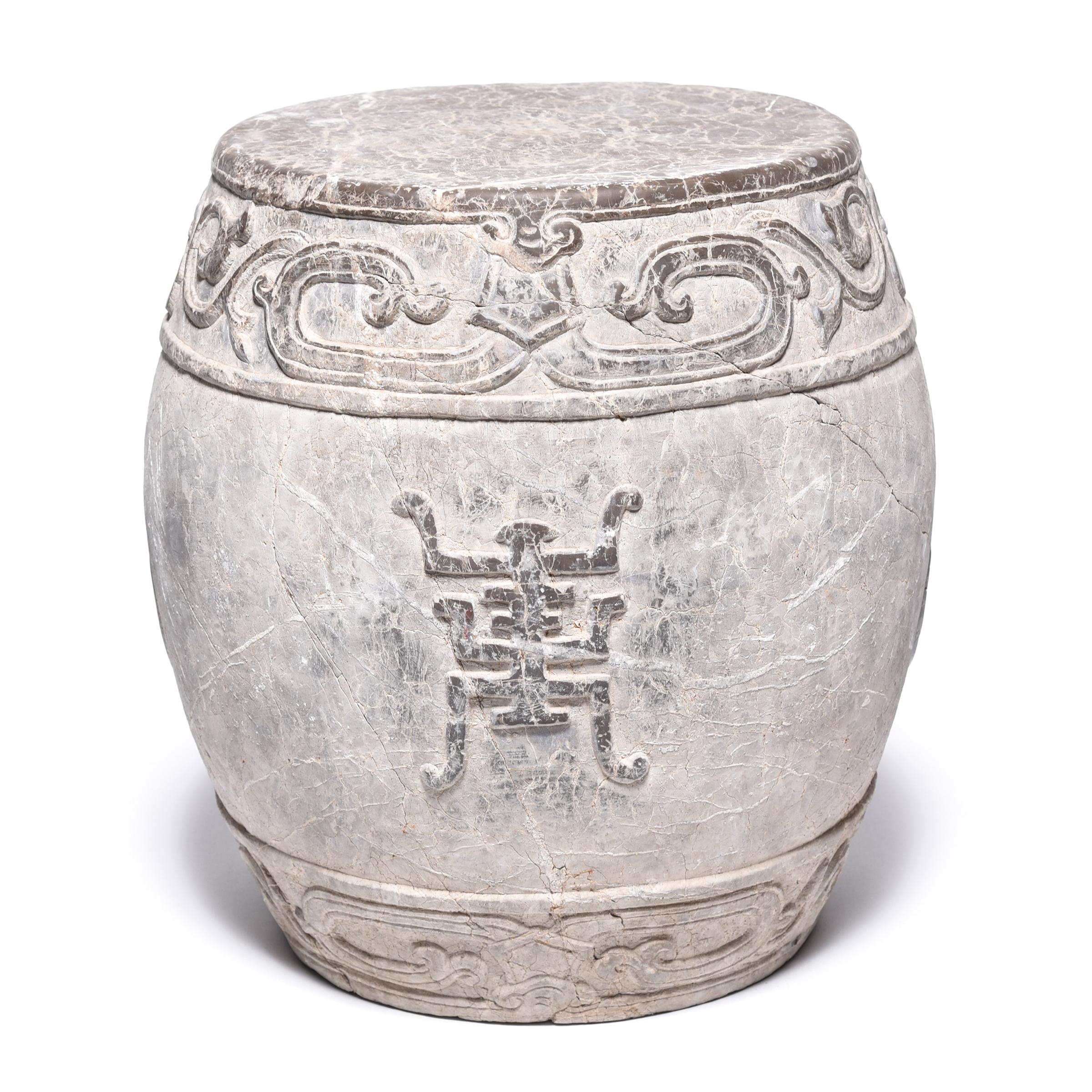 Hand-Carved Chinese Trailing Vine Stone Drum