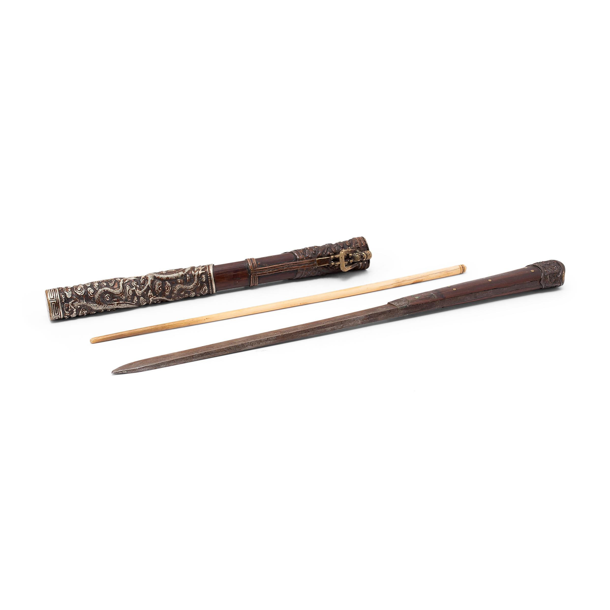 Qing Chinese Traveling Chopstick Set with Repoussé Fittings, c. 1850 For Sale