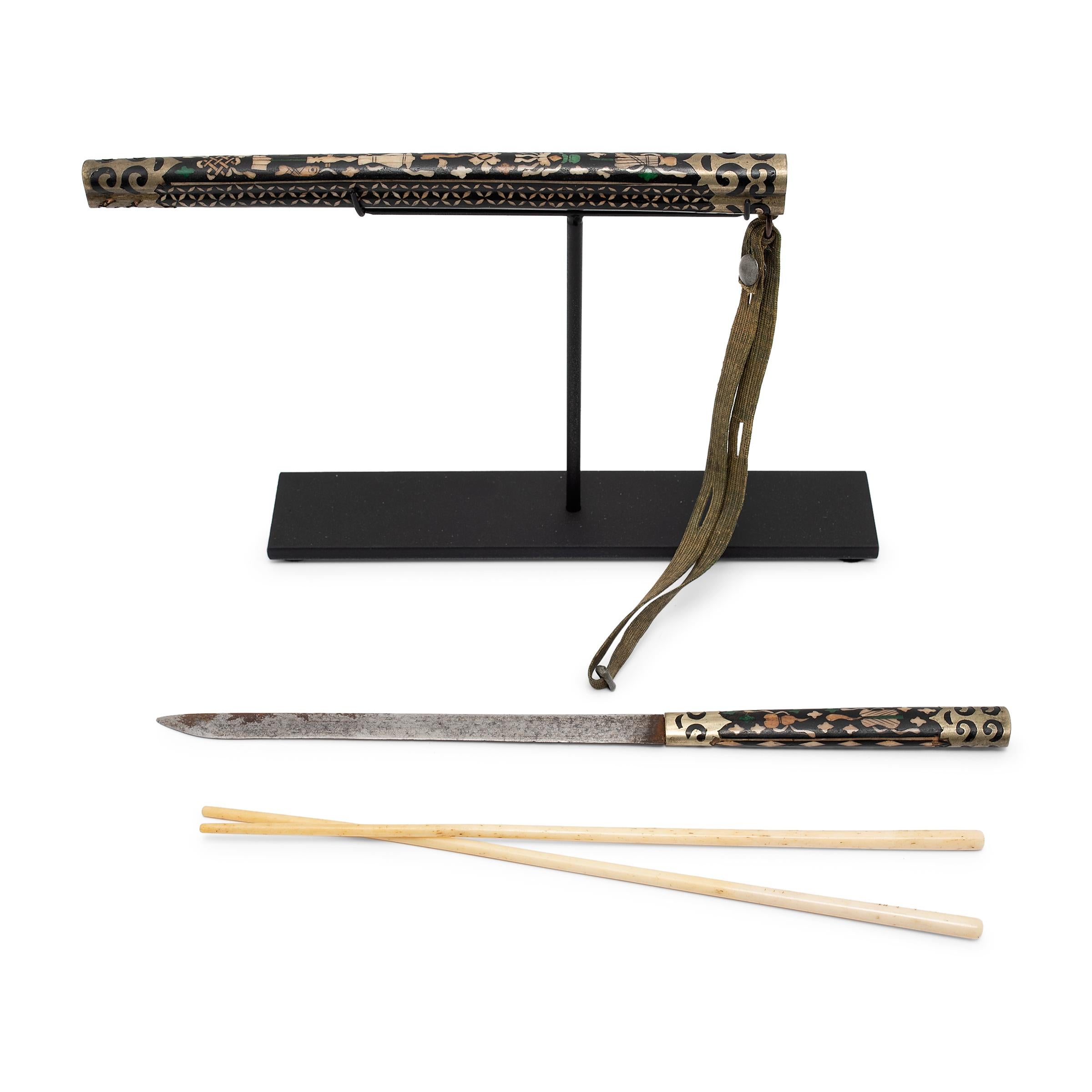 19th Century Chinese Traveling Knife and Chopstick Set with Bone Inlay, c. 1850