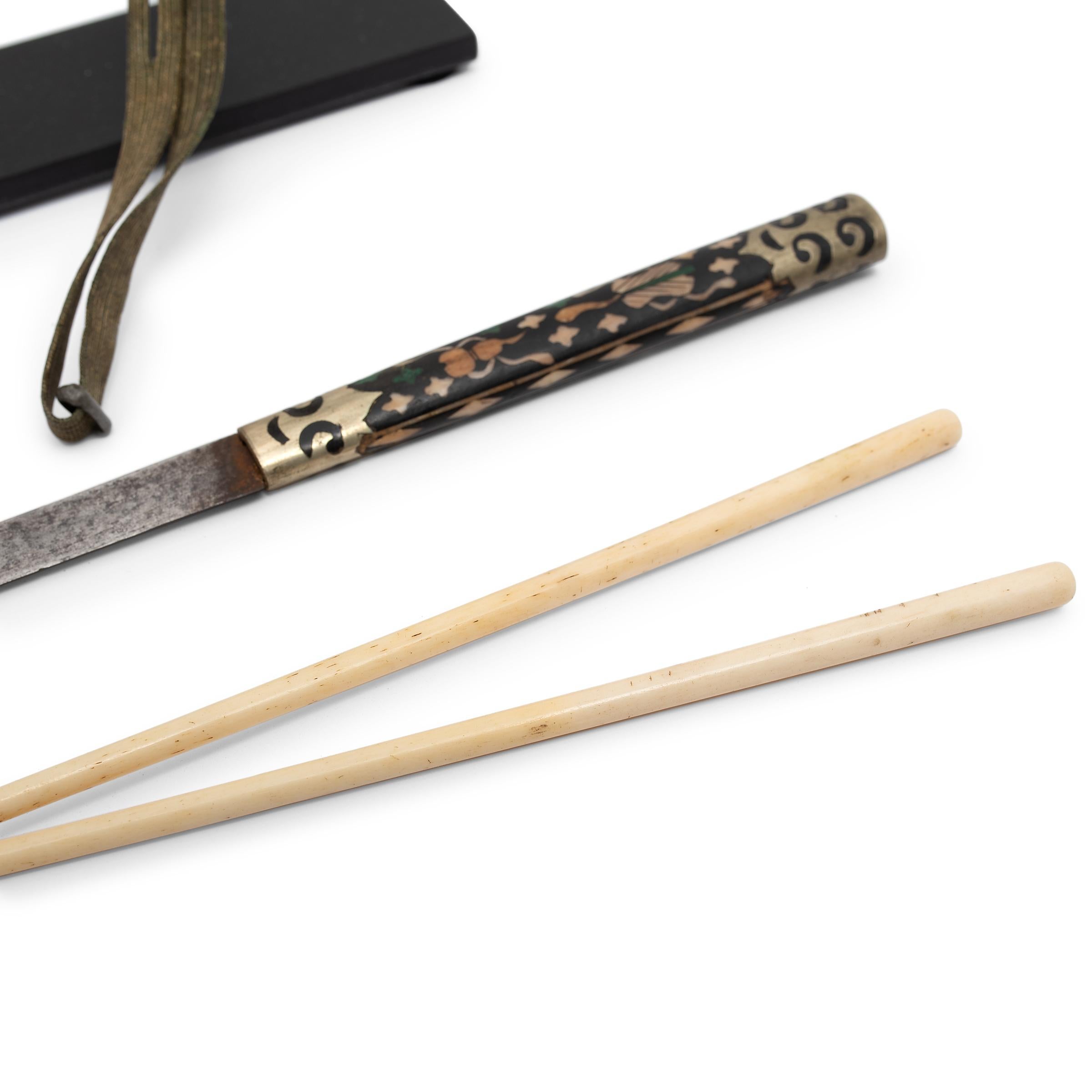 Brass Chinese Traveling Knife and Chopstick Set with Bone Inlay, c. 1850