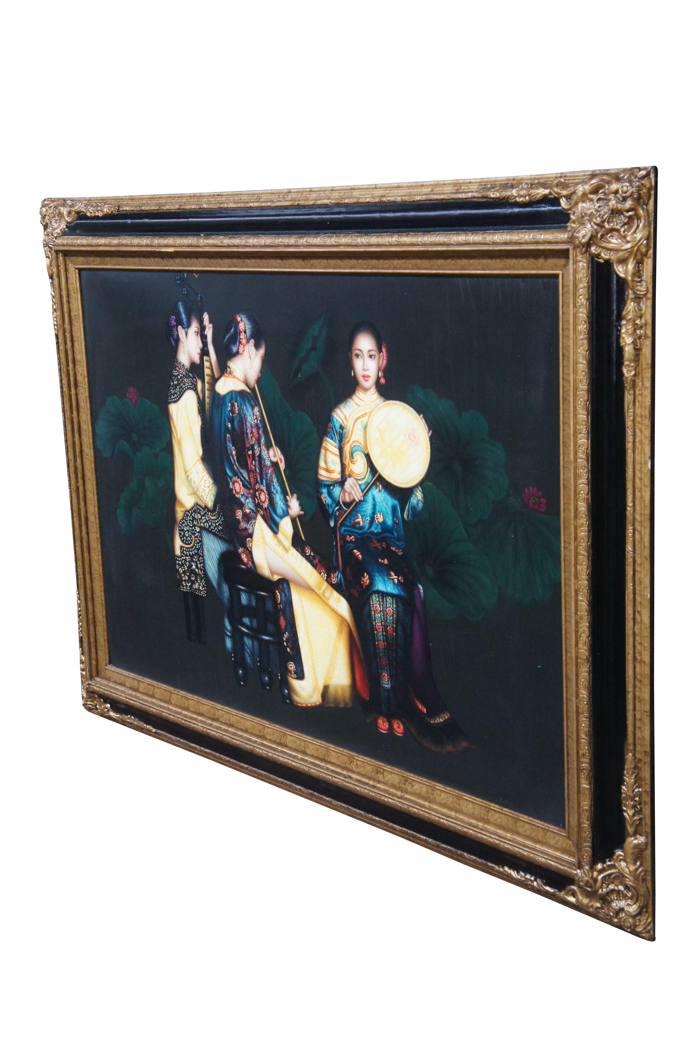 Vintage trio of Chinese woman playing instruments oil painting on canvas after Chen Yifei.  Features three young musicians in traditional court attire playing various instruments.

Chen Yifei (Chinese: 陈逸飞; April 12, 1946 – April 10, 2005) was a