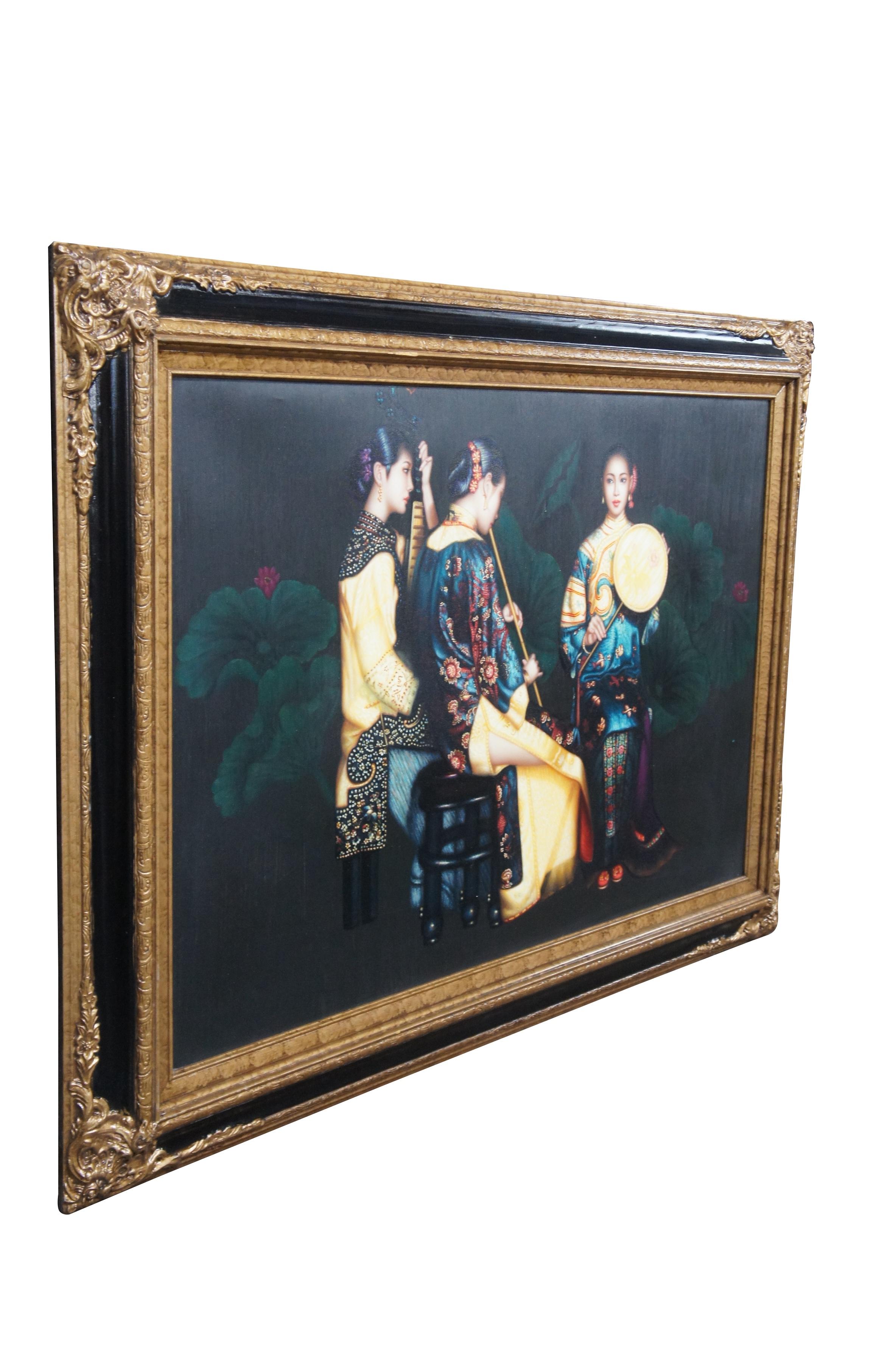 Chinoiserie Chinese Trio of Female Musicians Oil Painting on Canvas After Chen Yifei 44