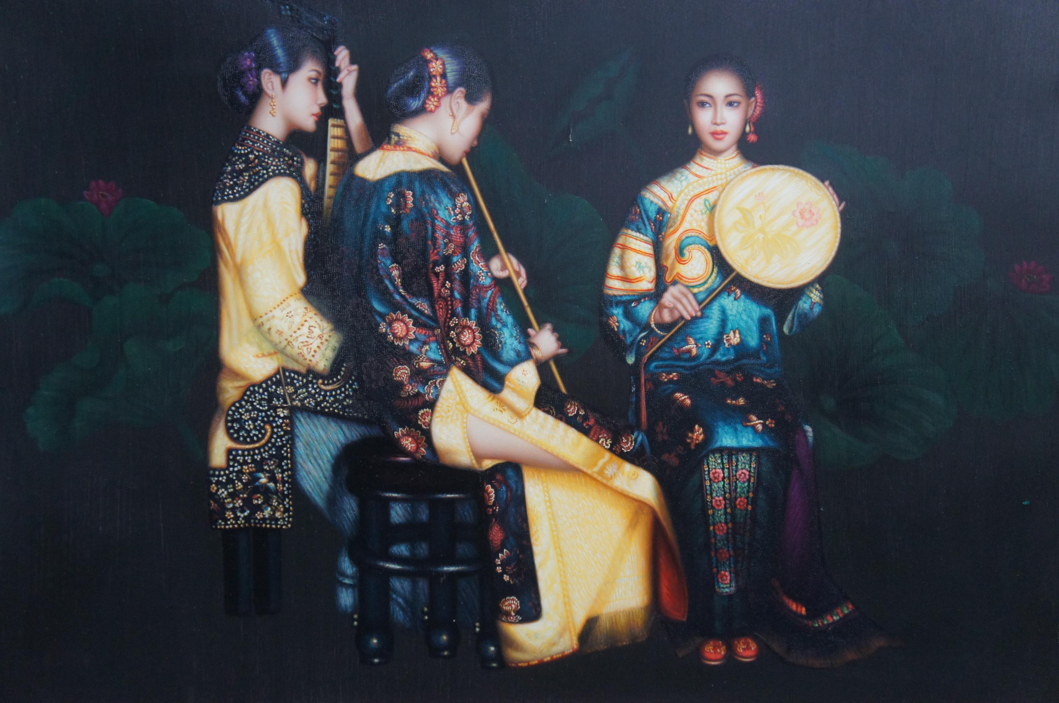 Chinese Trio of Female Musicians Oil Painting on Canvas After Chen Yifei 44