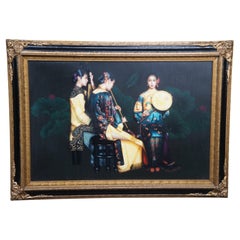 Retro Chinese Trio of Female Musicians Oil Painting on Canvas After Chen Yifei 44"
