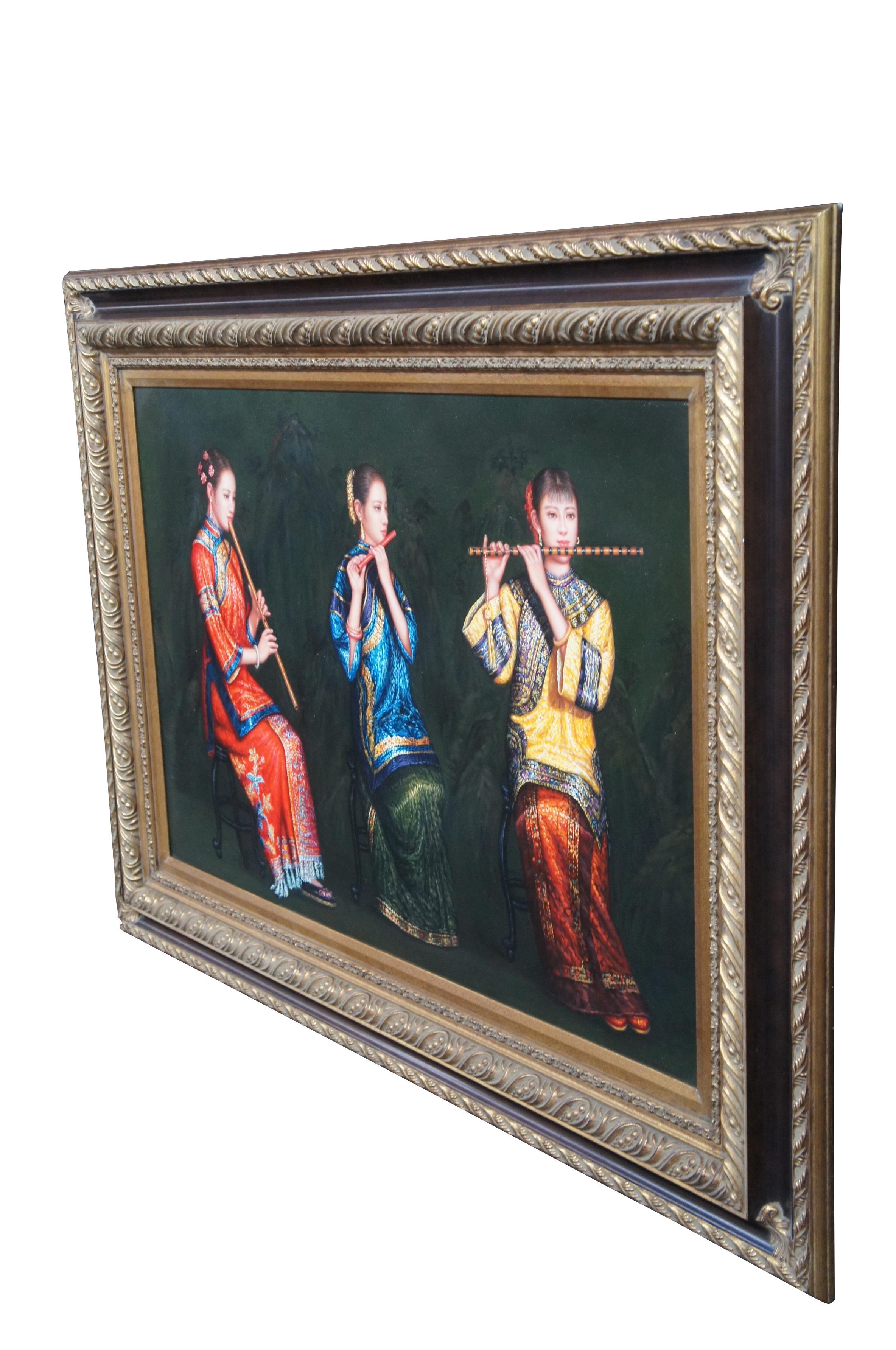 Chinoiserie Chinese Trio of Woman Playing Bamboo Flutes Oil Painting After Chen Yifei 46