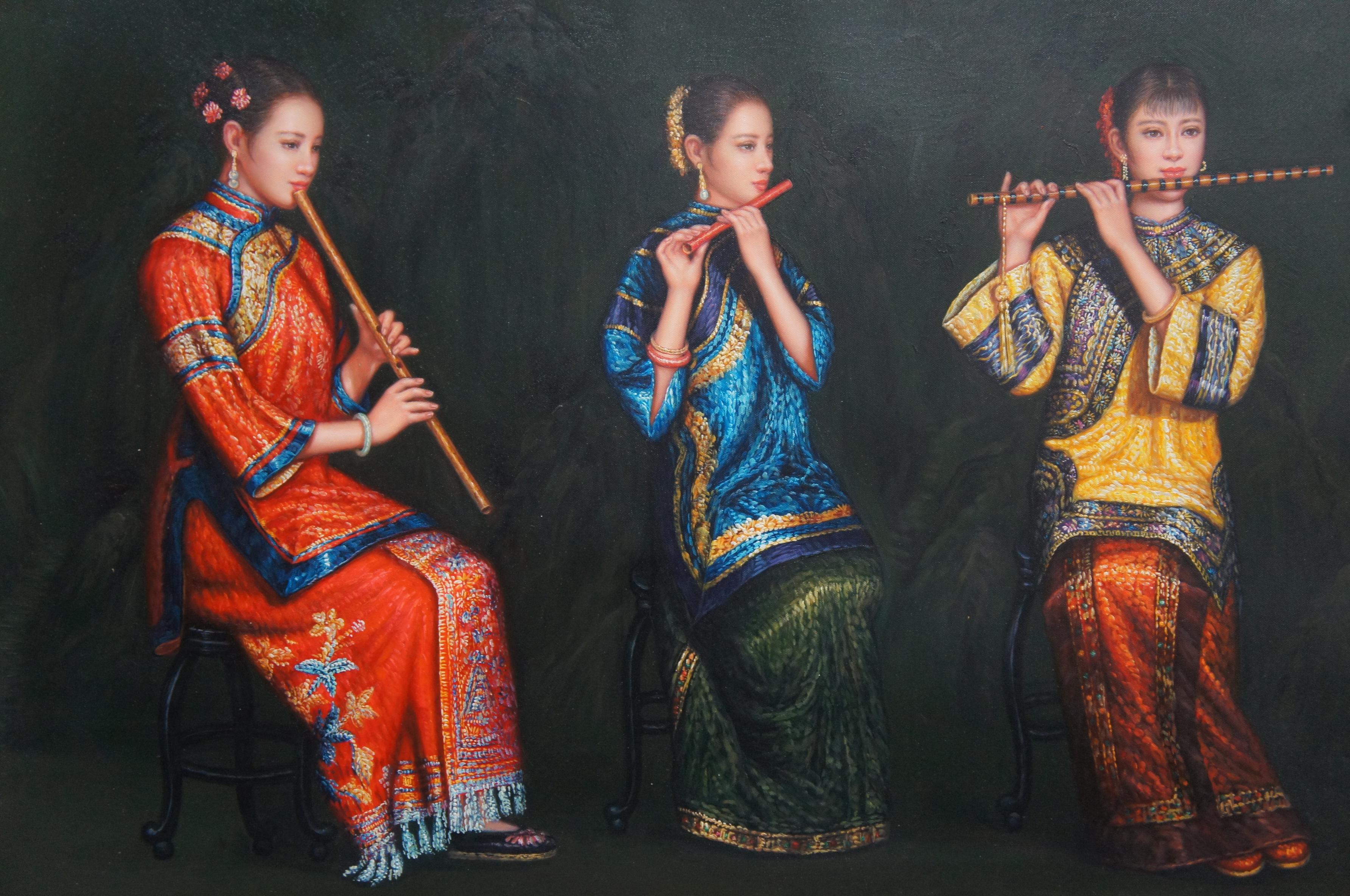 Trio chinois de femmes jouant de flûtes de bambou peinture à l'huile d'après Chen Yifei 46