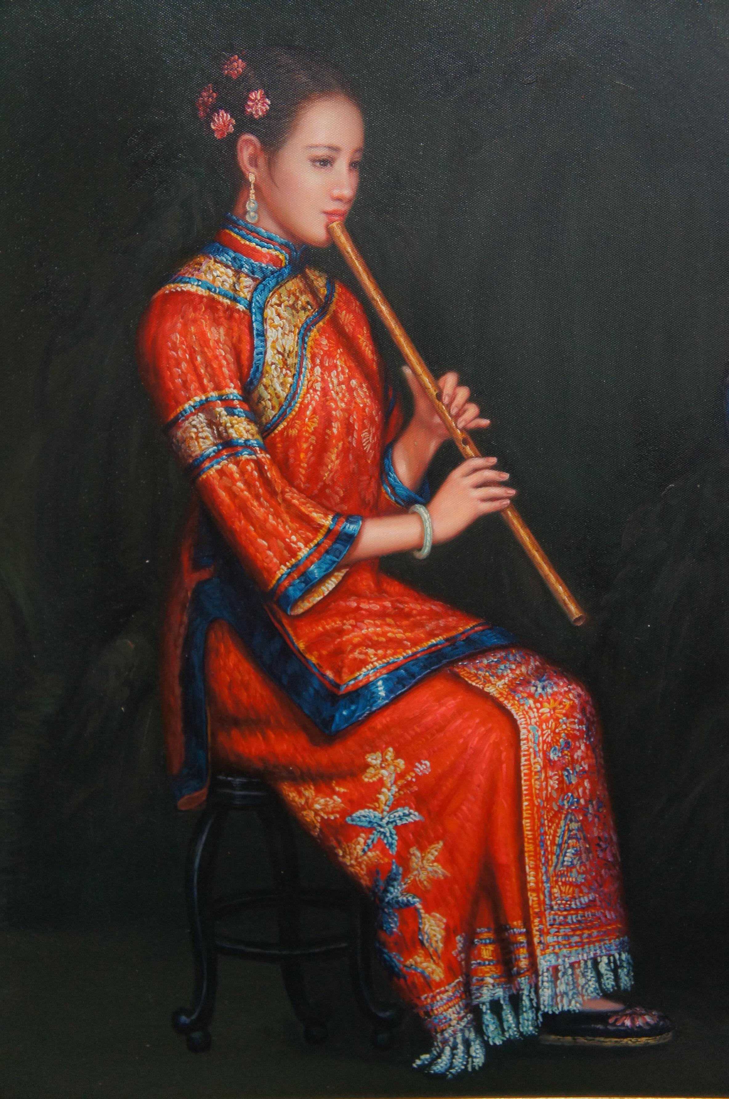 20ième siècle Trio chinois de femmes jouant de flûtes de bambou peinture à l'huile d'après Chen Yifei 46