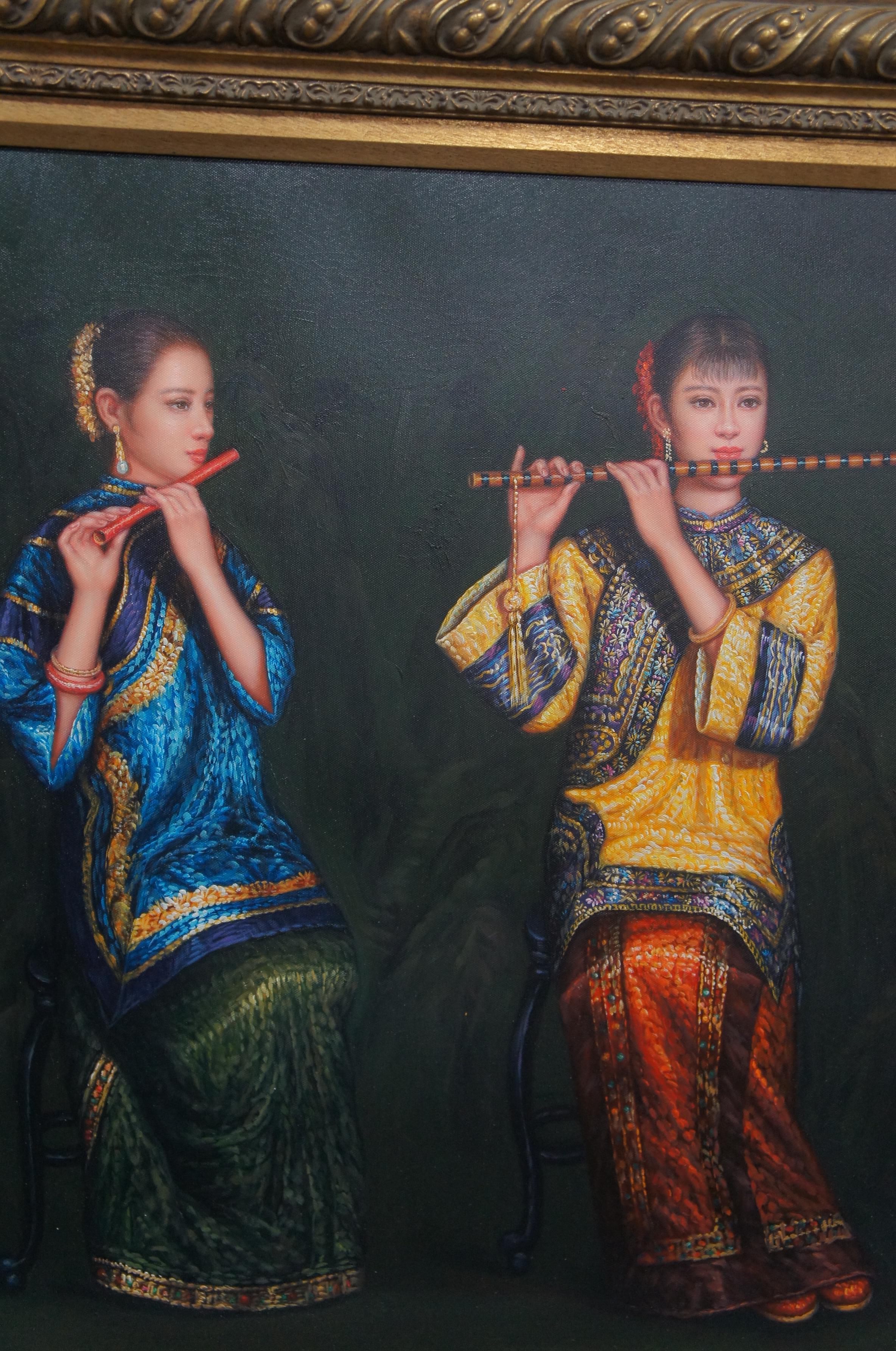 Canvas Chinese Trio of Woman Playing Bamboo Flutes Oil Painting After Chen Yifei 46