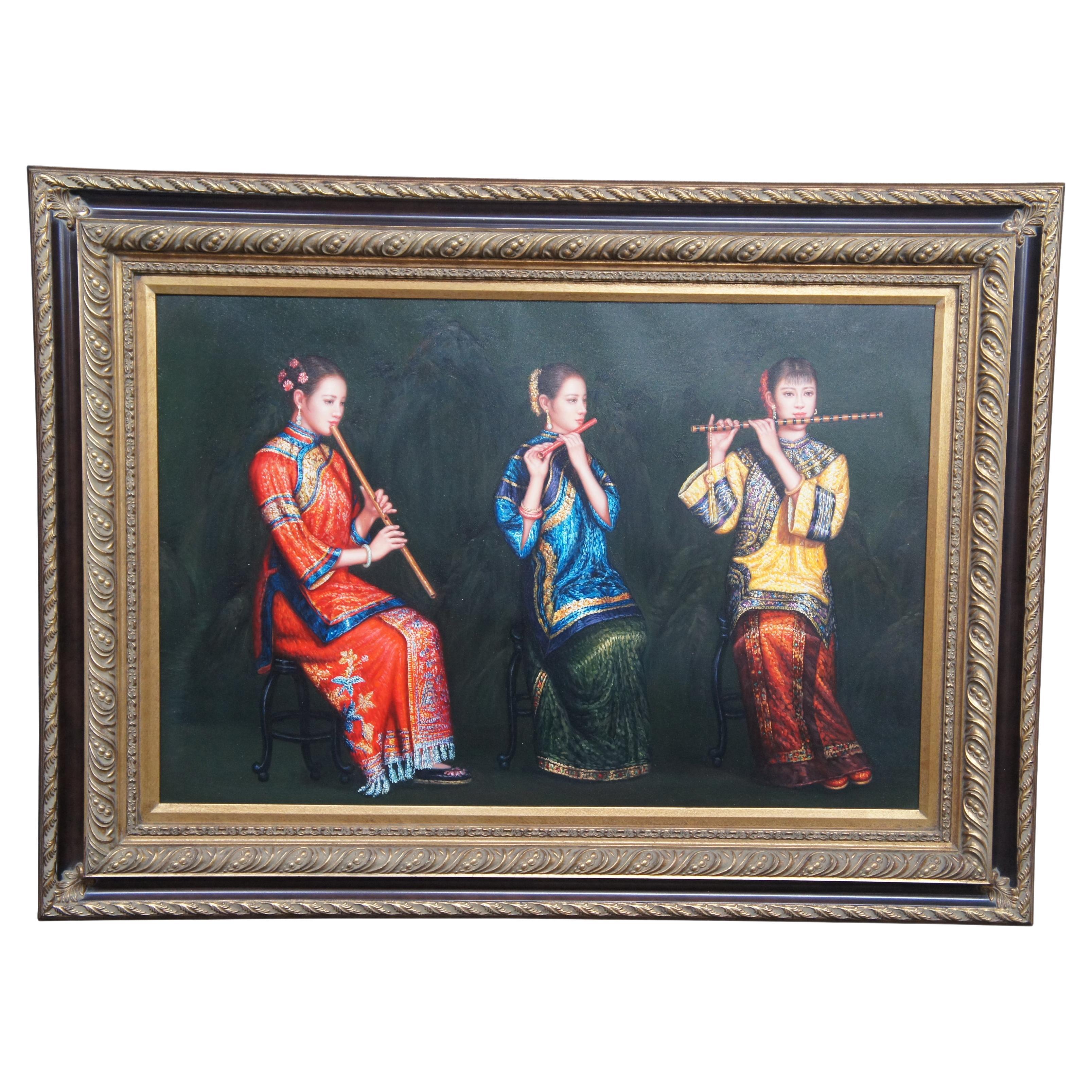 Trio chinois de femmes jouant de flûtes de bambou peinture à l'huile d'après Chen Yifei 46"