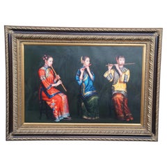 Chinese Trio of Woman Playing Bamboo Flutes Oil Painting After Chen Yifei 46"