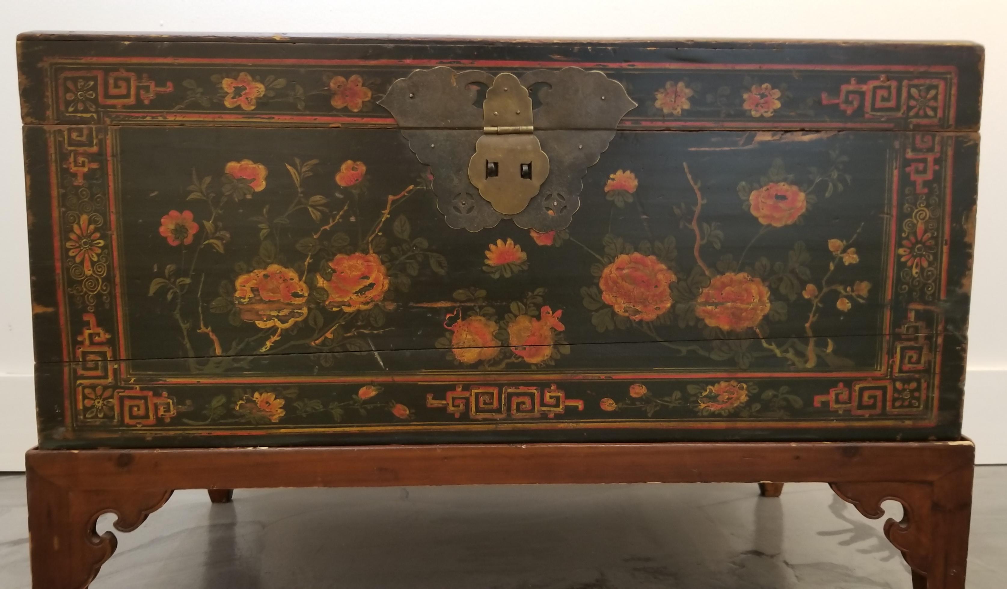 Painted Chinese Trunk on Stand