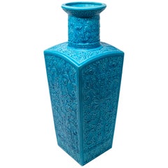 Chinesische türkisblaue glasierte, monochromierte, quadratische Vase aus der Qing-Dynastie