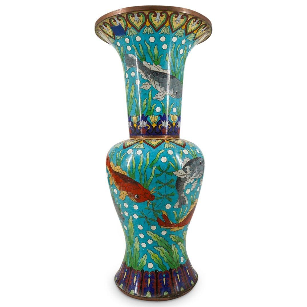Lovely antique Chinese cloisonne vase depicting koi fish, lingzhi, lotus flowers on turquoise ground.
