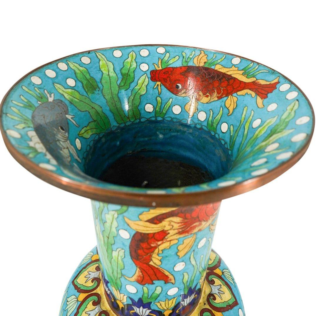 Cloissoné Chinese Turquoise Cloisonne Enamel Vase with Koi Fish Design For Sale