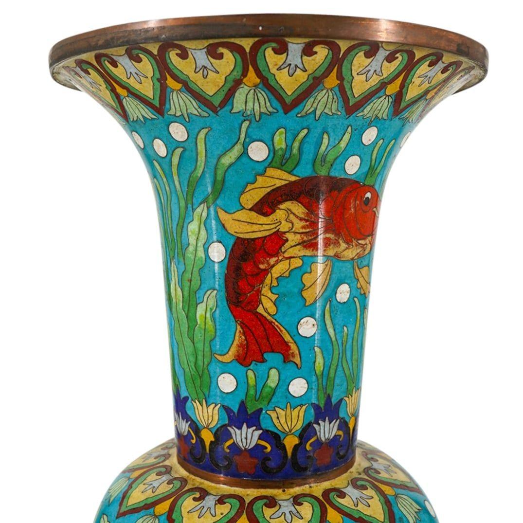 Chinese Turquoise Cloisonne Enamel Vase with Koi Fish Design In Good Condition For Sale In New York, NY