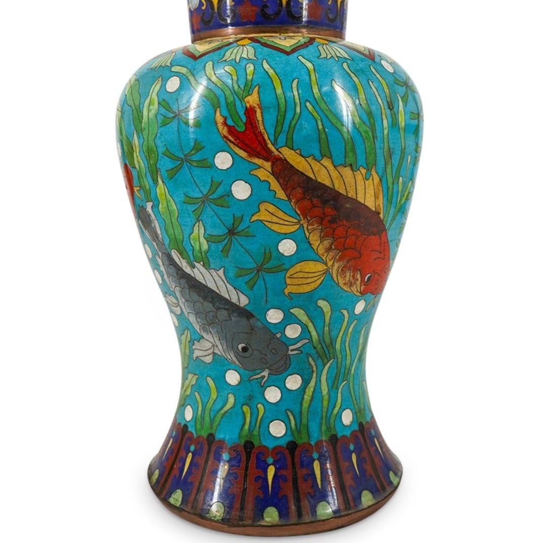 19th Century Chinese Turquoise Cloisonne Enamel Vase with Koi Fish Design For Sale